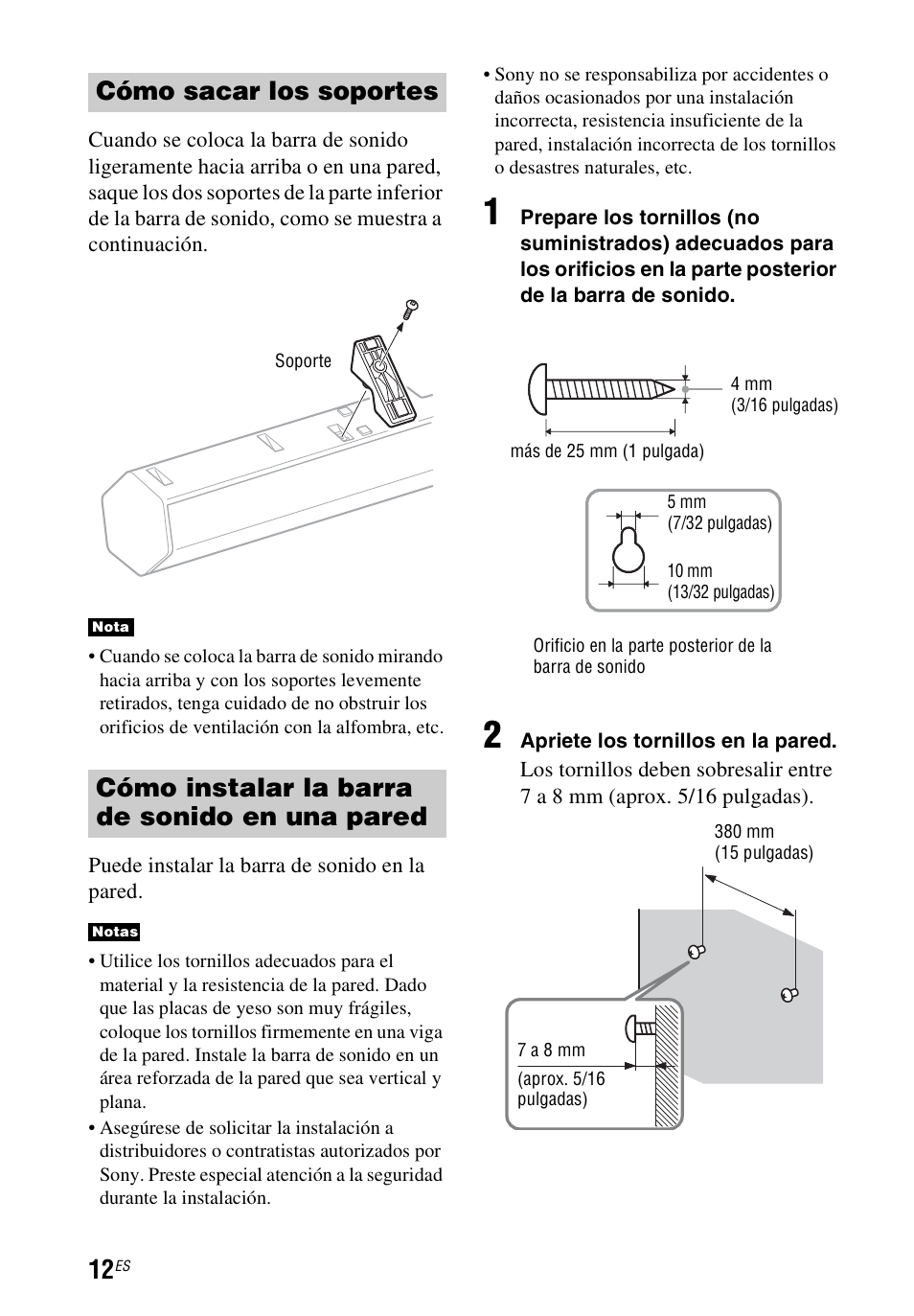 Cómo sacar los soportes, Cómo instalar la barra de sonido en una pared | Sony HT-CT60 User Manual | Page 52 / 64