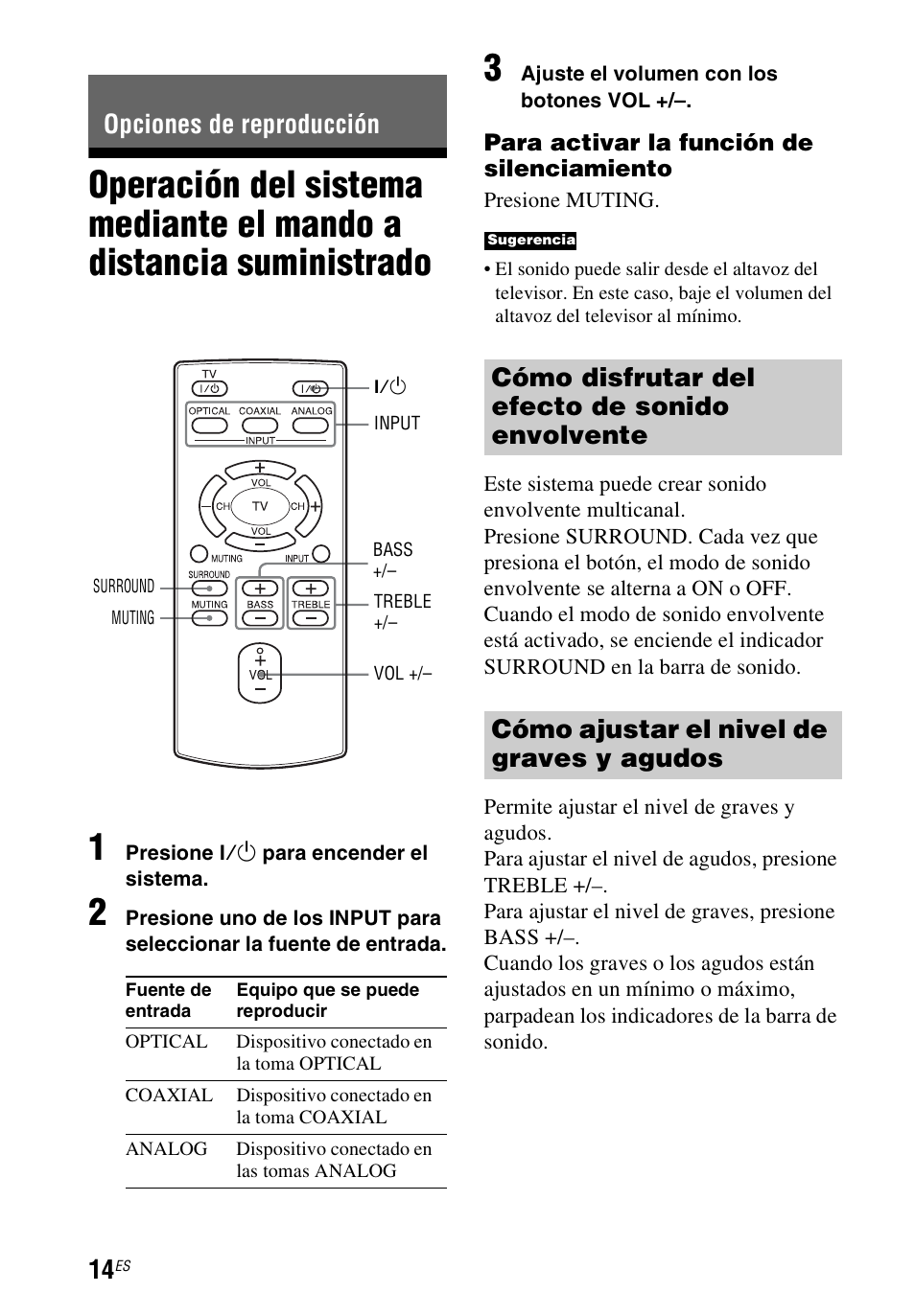 Opciones de reproducción, Operación del sistema mediante, El mando a distancia suministrado | Sony HT-CT60 User Manual | Page 54 / 64