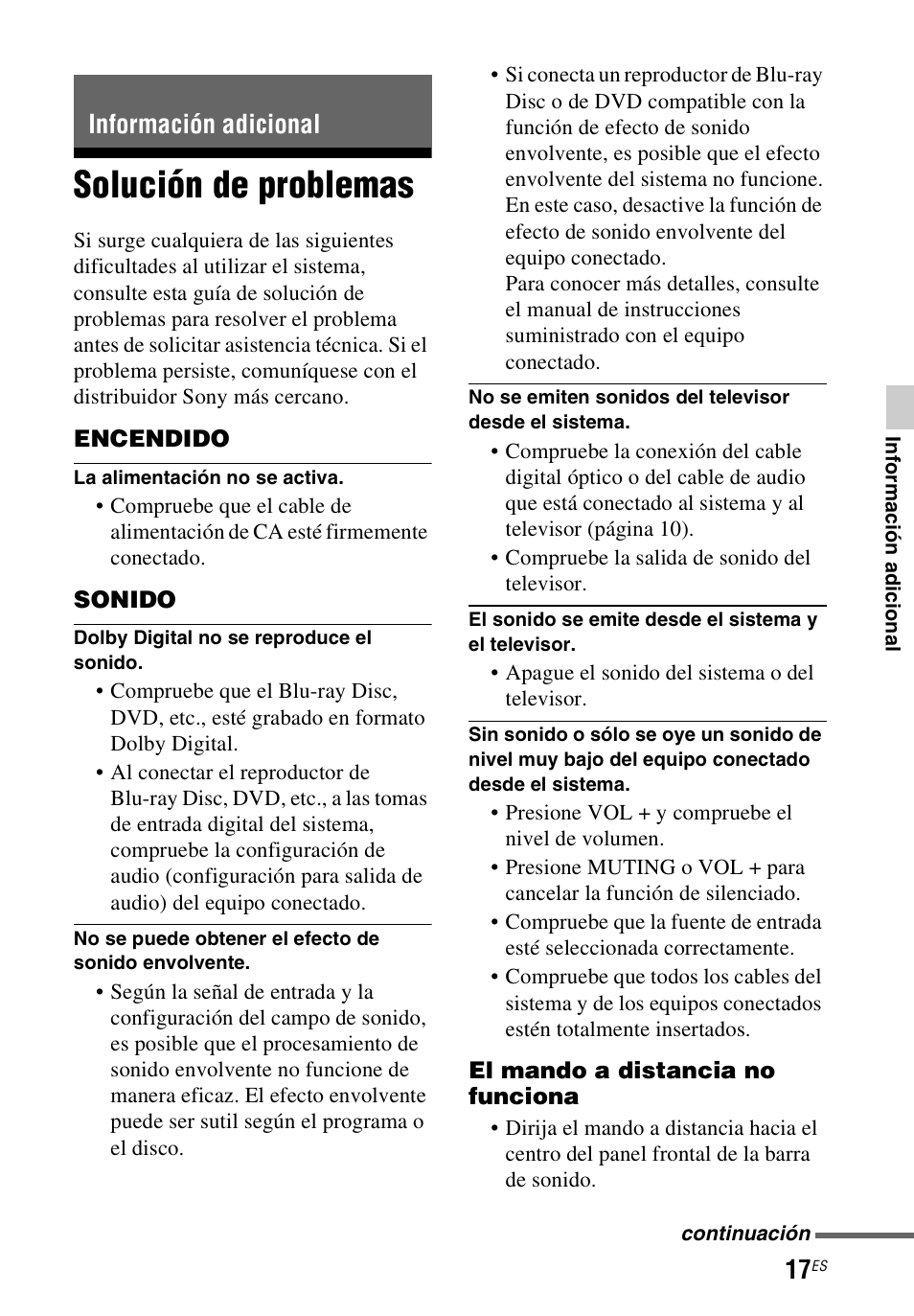 Información adicional, Solución de problemas | Sony HT-CT60 User Manual | Page 57 / 64