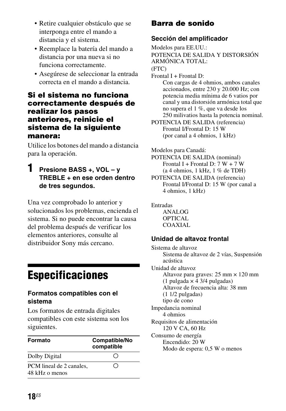 Especificaciones | Sony HT-CT60 User Manual | Page 58 / 64