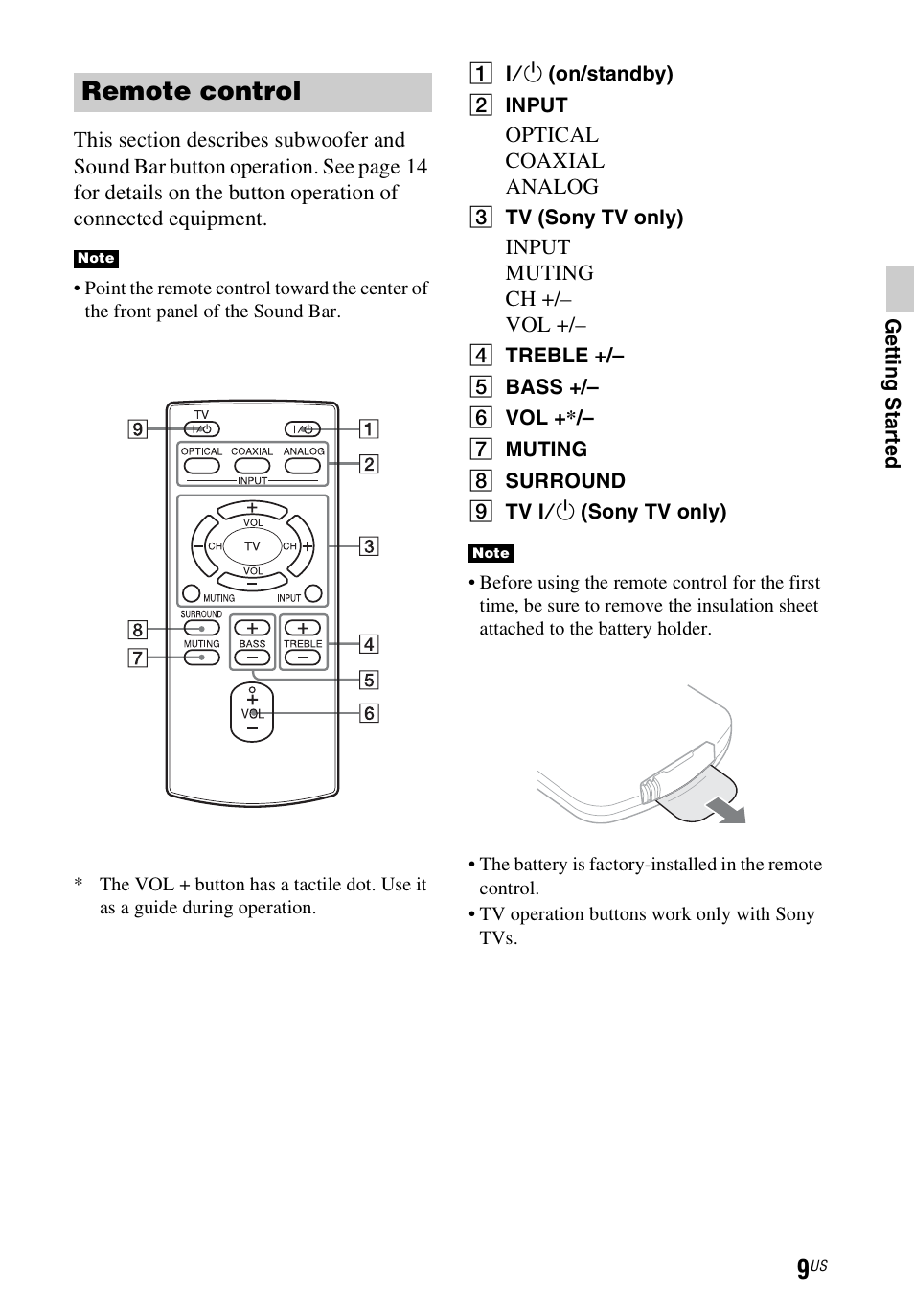Remote control | Sony HT-CT60 User Manual | Page 9 / 64