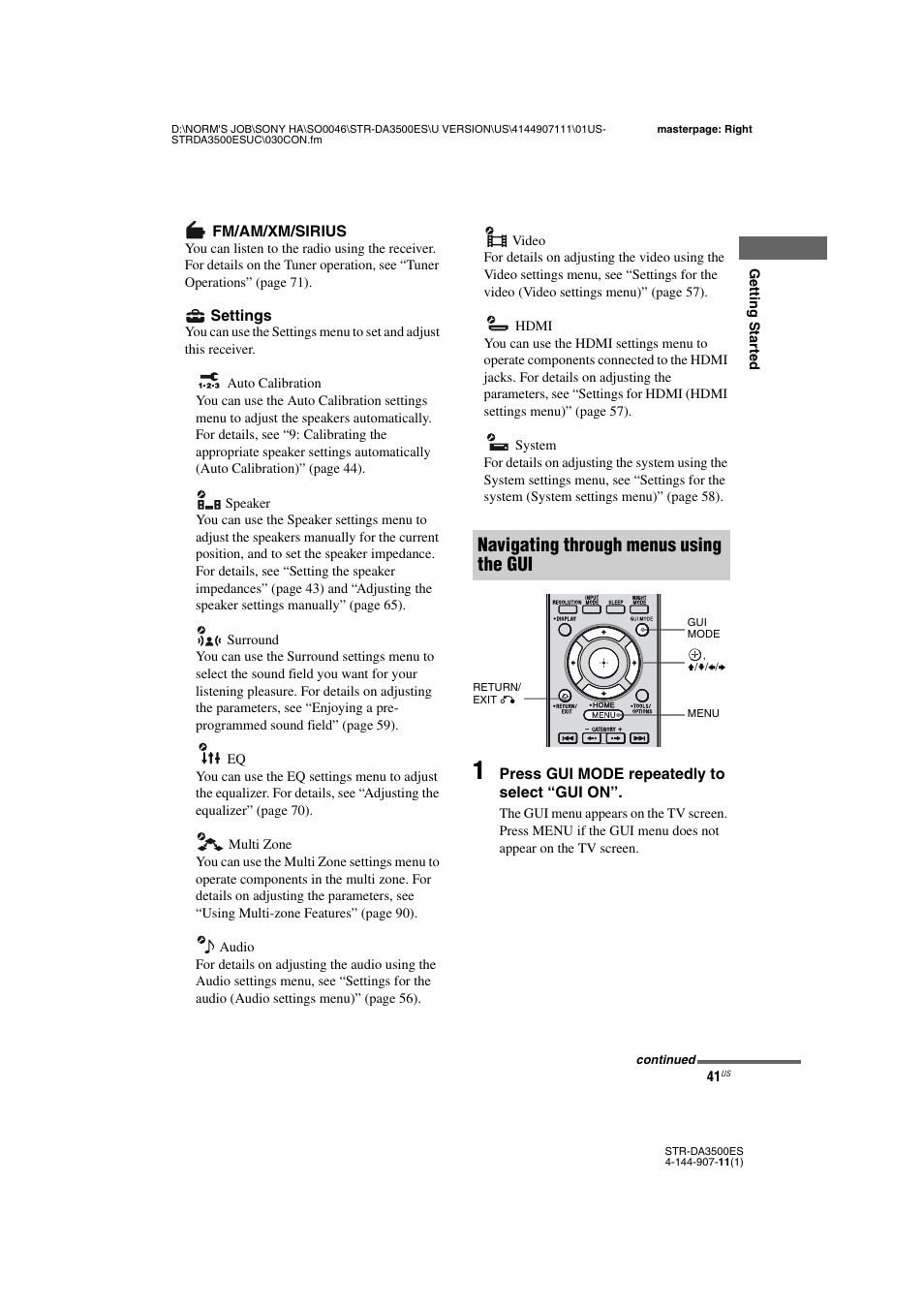 Navigating through menus using the gui | Sony STR-DA3500ES User Manual | Page 41 / 148