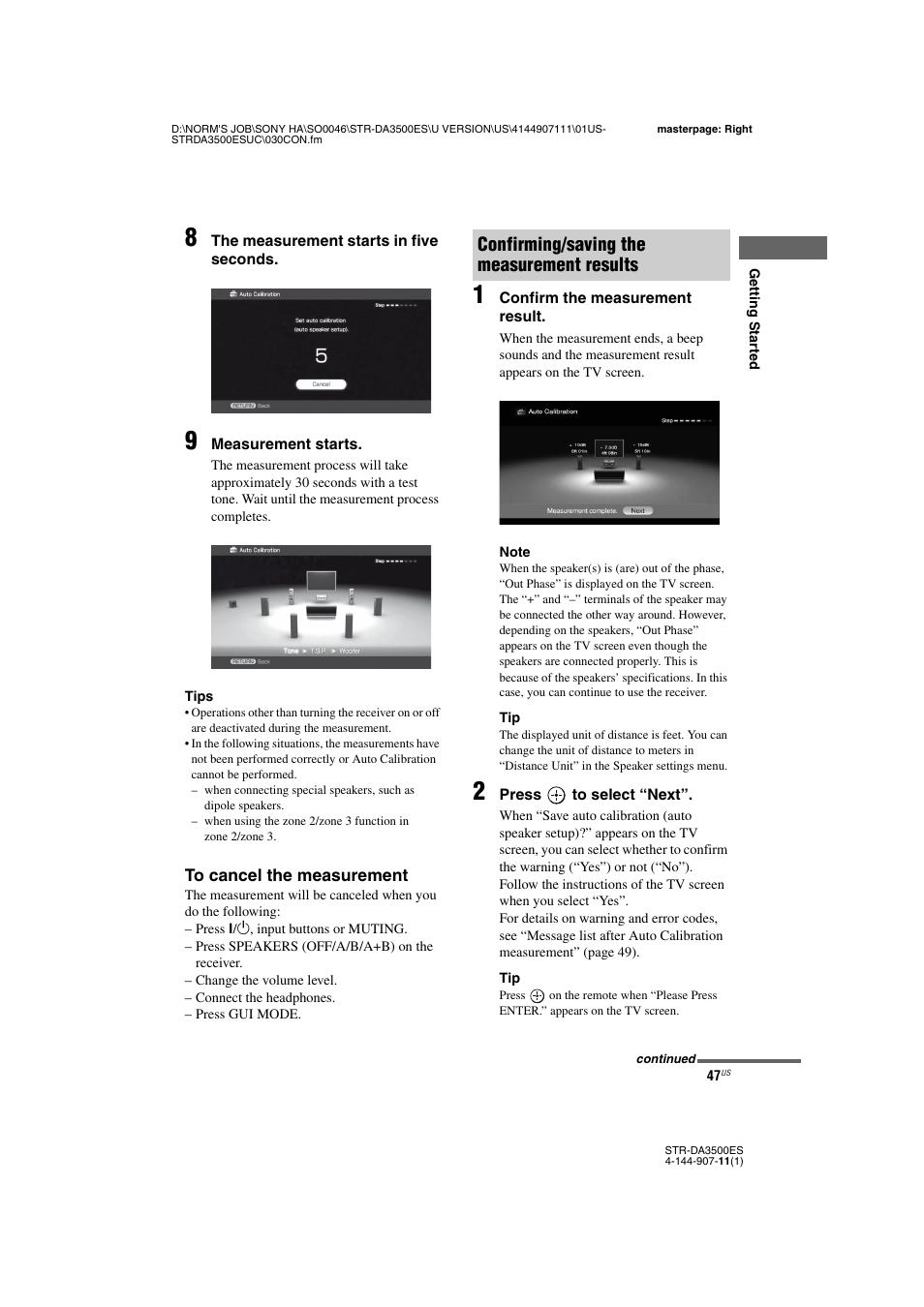 Confirming/saving the measurement results | Sony STR-DA3500ES User Manual | Page 47 / 148
