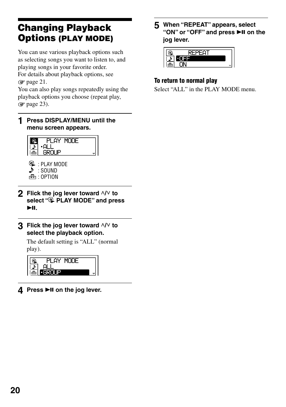 Changing playback options (play mode), Changing playback options, Play mode) | Sony D-NE336CK User Manual | Page 20 / 36