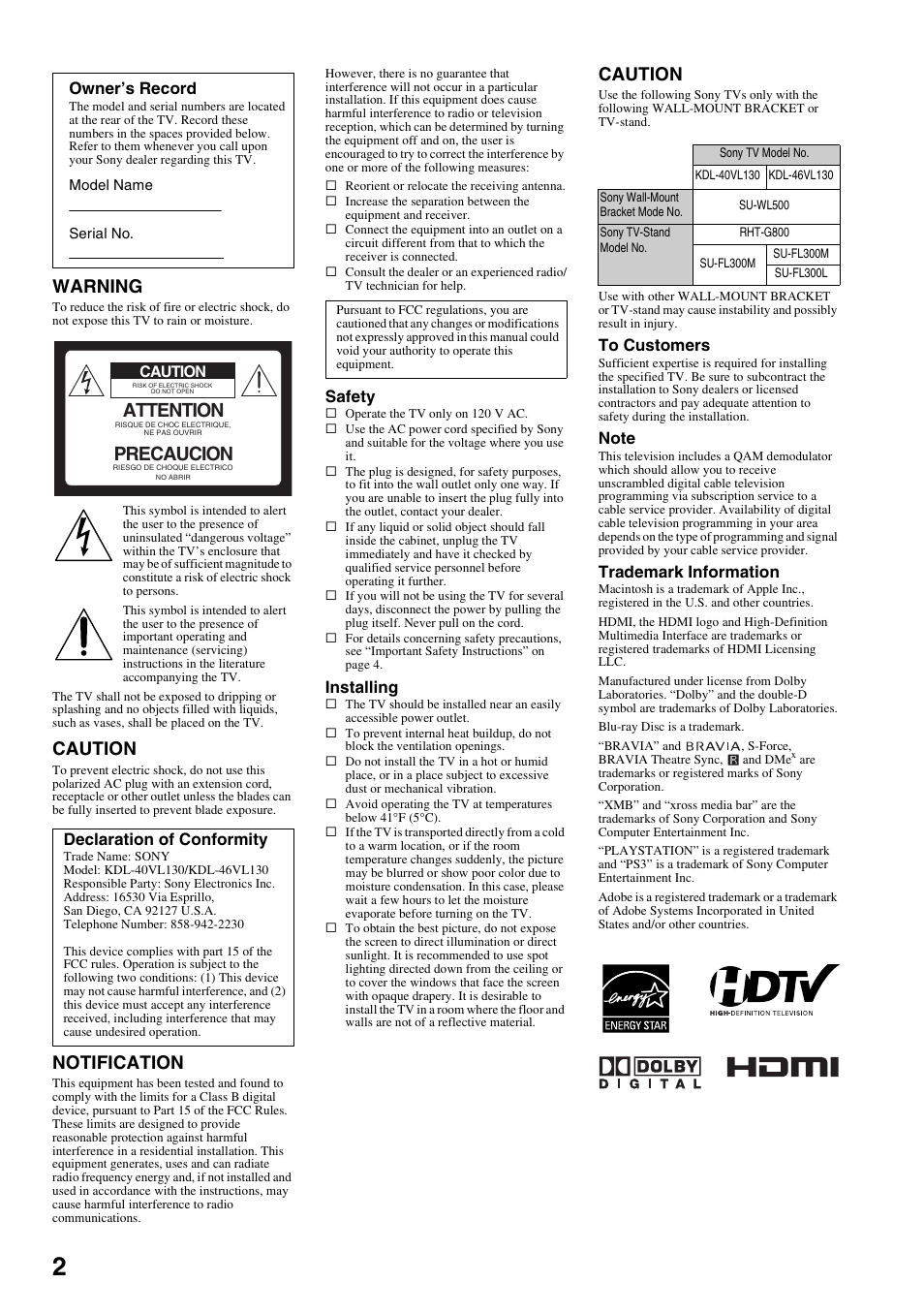 Warning, Caution, Notification | Attention, Precaucion, Safety, Installing, Trademark information, Owner’s record, Declaration of conformity | Sony KDL-40VL130 User Manual | Page 2 / 48