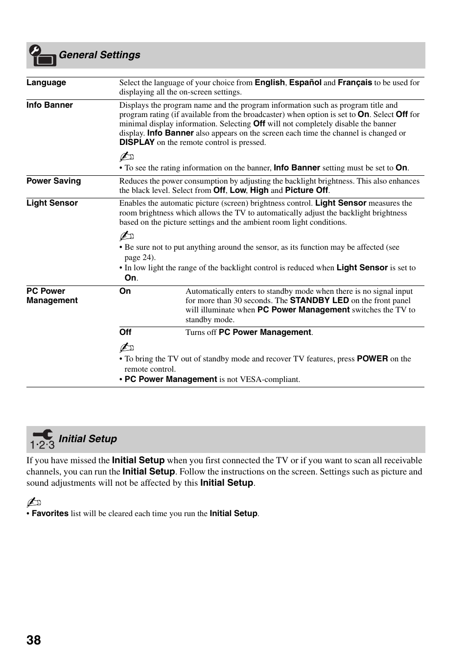 General settings, Initial setup, General settings initial setup | Sony KDL-40VL130 User Manual | Page 38 / 48