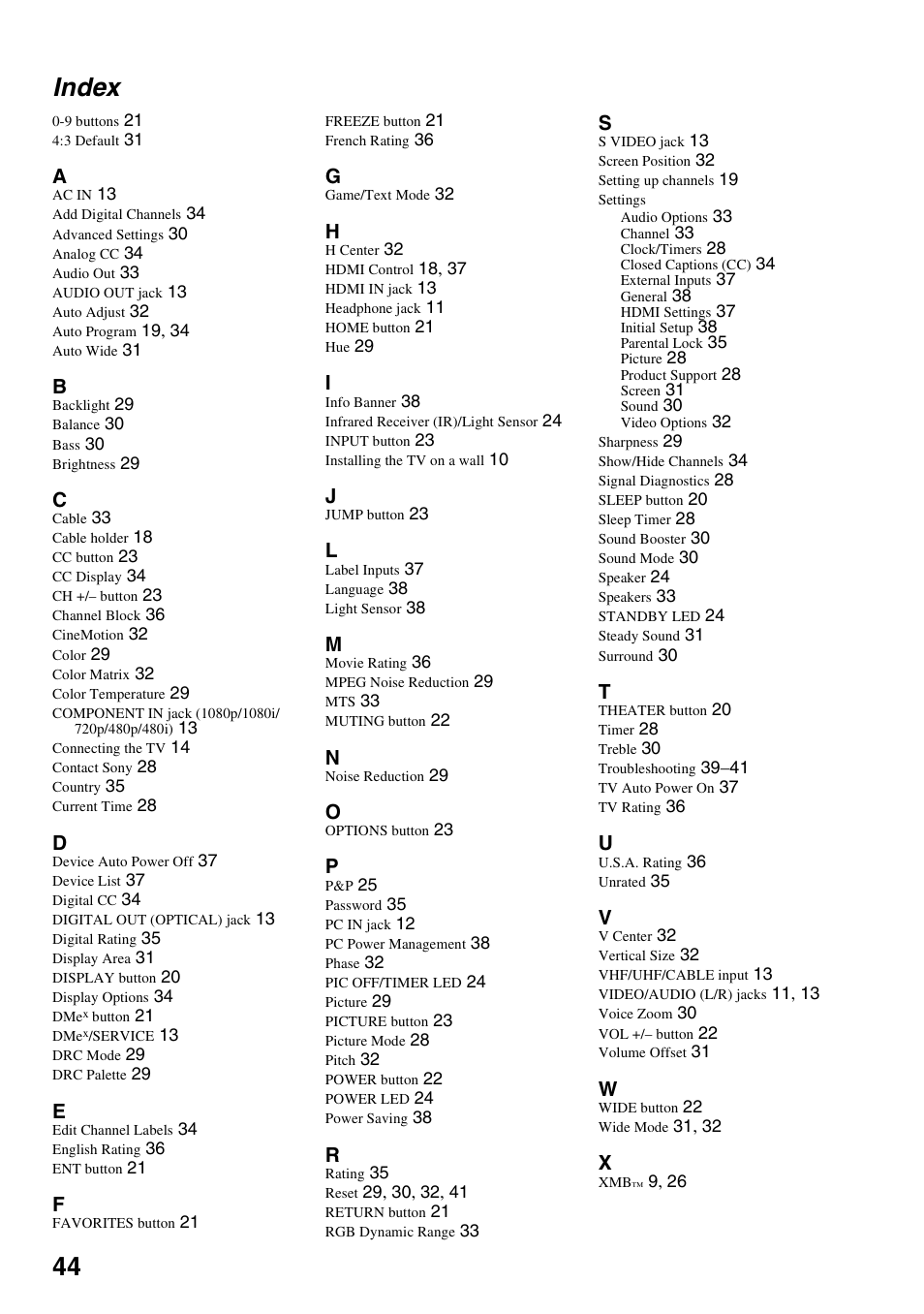 Index, 44 index | Sony KDL-40VL130 User Manual | Page 44 / 48