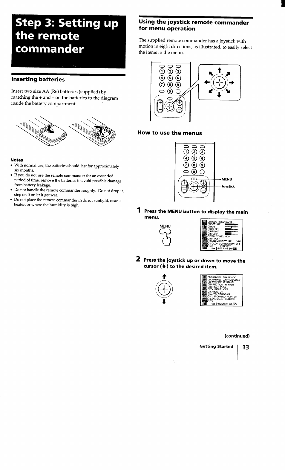 Step 3: setting up the remote commander, Press the menu button to display the main menu, Inserting batteries | Sony KV-32XBR100 User Manual | Page 13 / 47