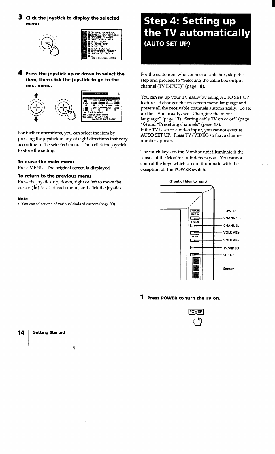 3 click the joystick to display the selected menu, Step 4: setting up the tv automatically, Auto set up) | To erase the main menu, To return to the previous menu, 1 press power to turn the tv on | Sony KV-32XBR100 User Manual | Page 14 / 47