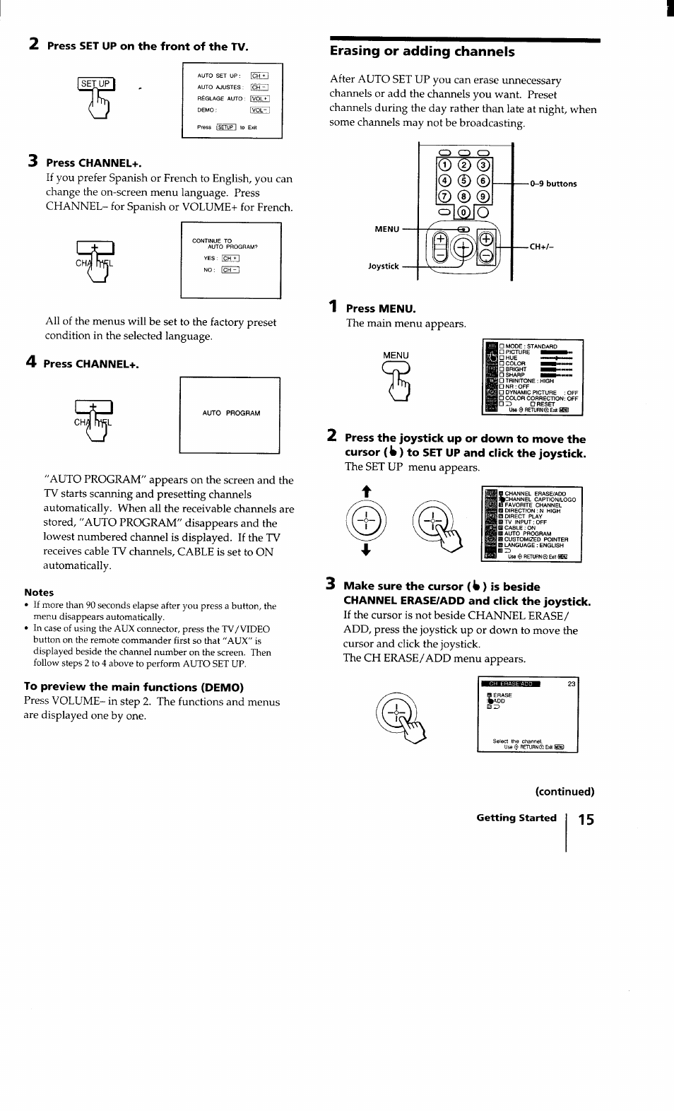 2 press set up on the front of the tv, 3 press channel, 4 press channel | To preview the main functions (demo), 1 press menu, Erasing or adding channels, Ch^l | Sony KV-32XBR100 User Manual | Page 15 / 47