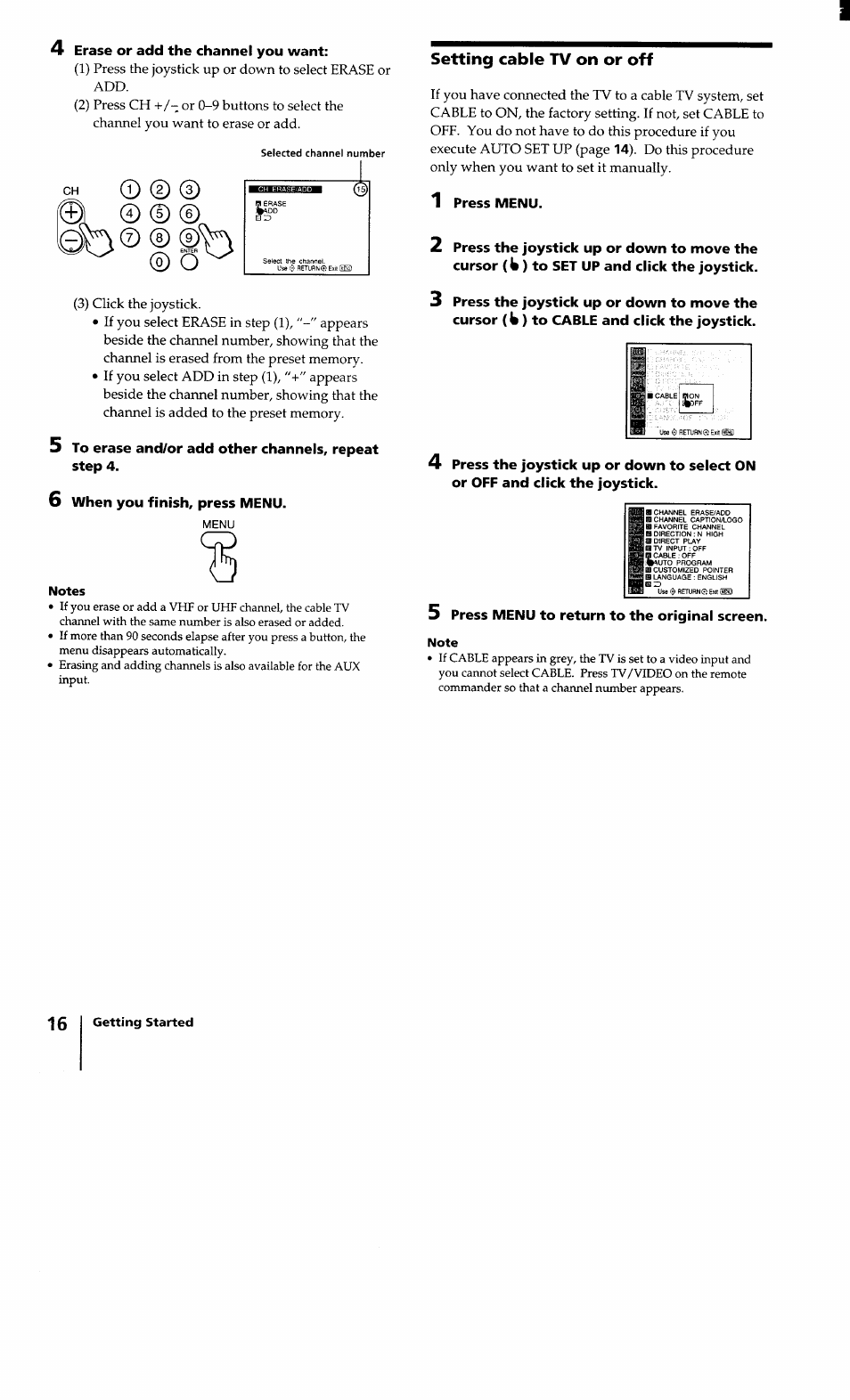 Erase or add the channel you want, 6 when you finish, press menu, 1 press menu | 5 press menu to return to the original screen | Sony KV-32XBR100 User Manual | Page 16 / 47