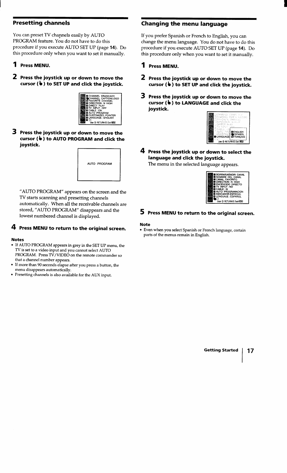 Presetting channels, Changing the menu language | Sony KV-32XBR100 User Manual | Page 17 / 47