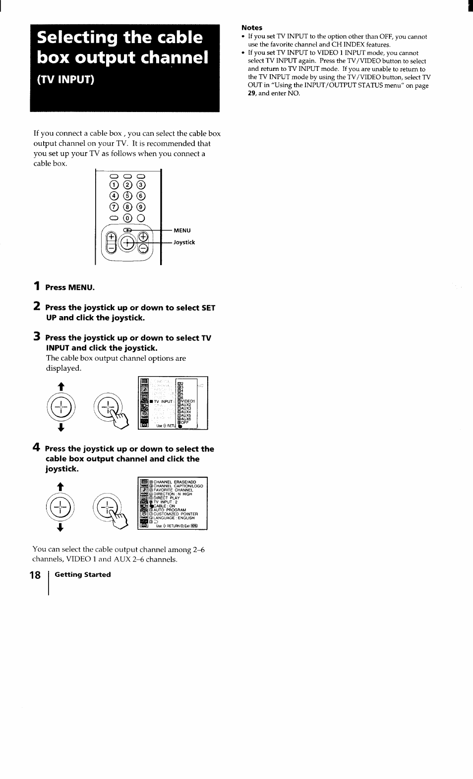 Selecting the cable box output channel, Press menu, Tv input) | Sony KV-32XBR100 User Manual | Page 18 / 47