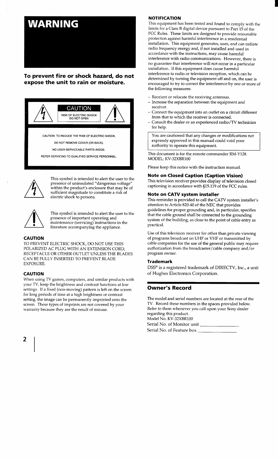 Warning, Caution, Notification | Note on closed caption (caption vision), Note on catv system installer, Trademark | Sony KV-32XBR100 User Manual | Page 2 / 47