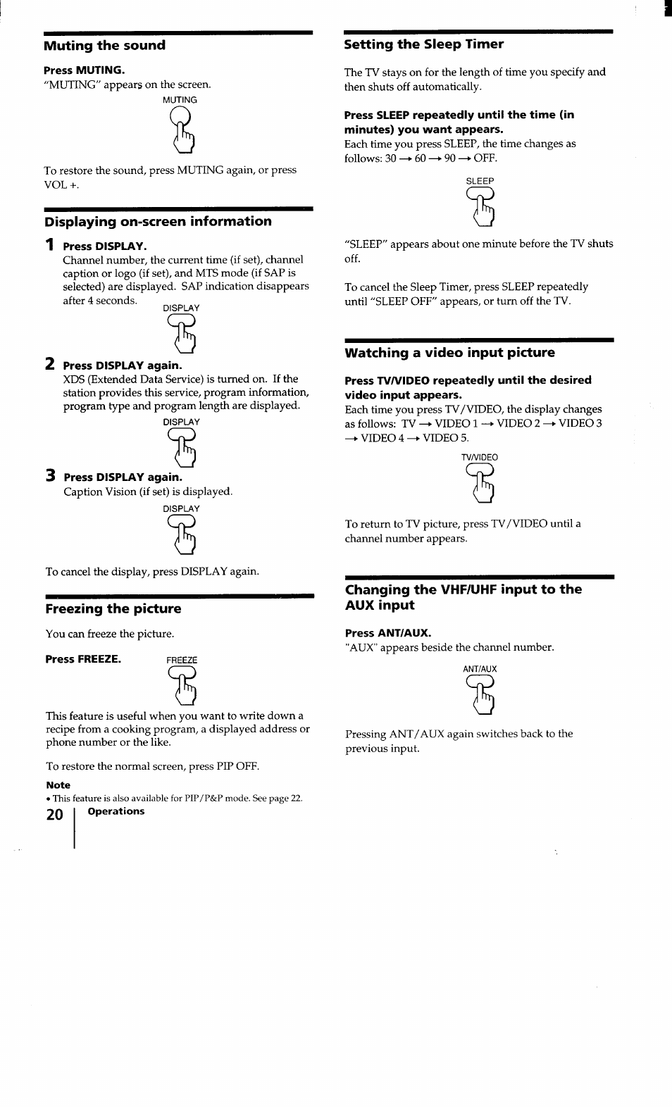 Press display again, Press freeze. freeze, Press ant/aux | Sony KV-32XBR100 User Manual | Page 20 / 47