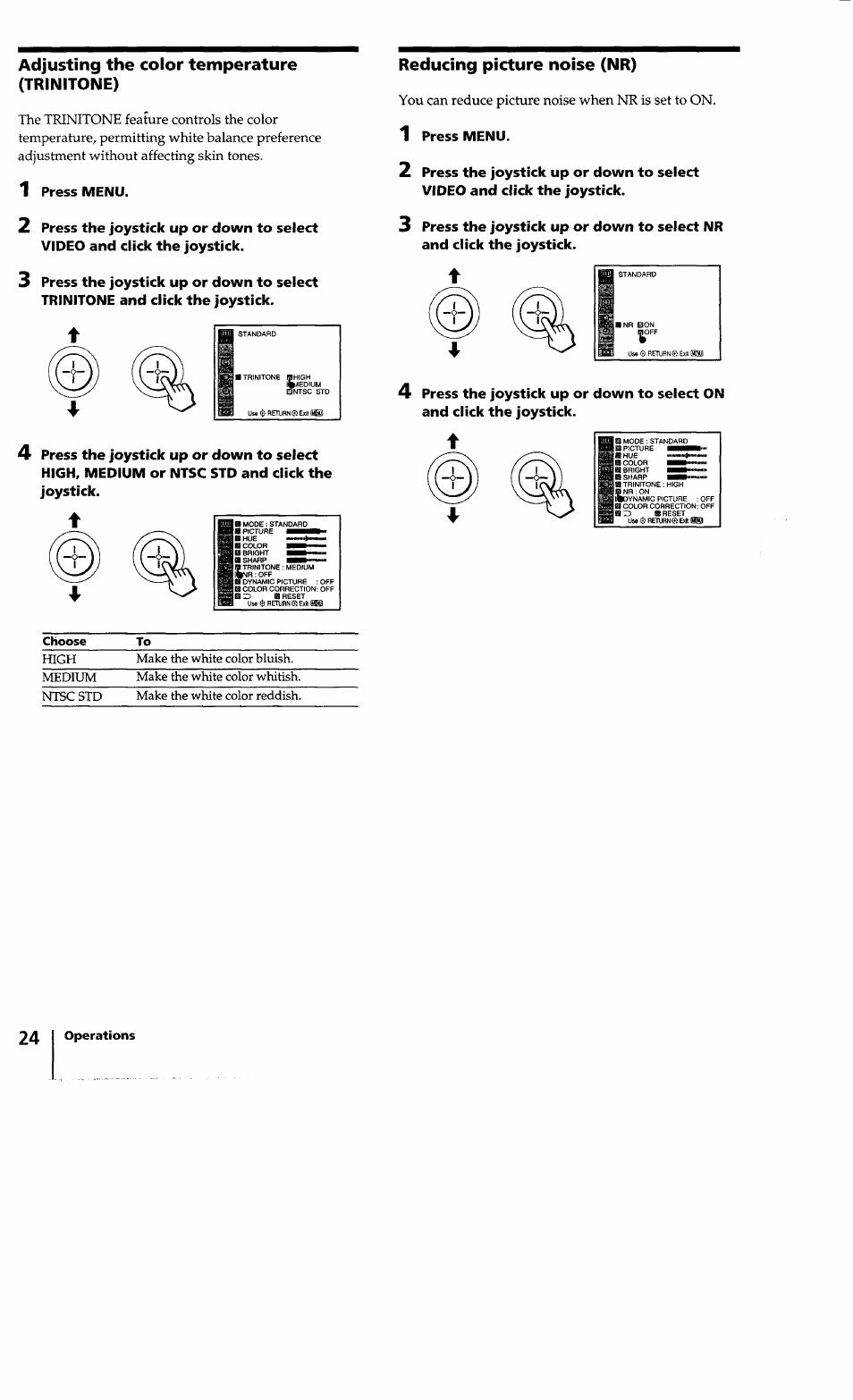 Adjusting the color temperature (trinitone), Reducing picture noise (nr), Press menu | Sony KV-32XBR100 User Manual | Page 24 / 47
