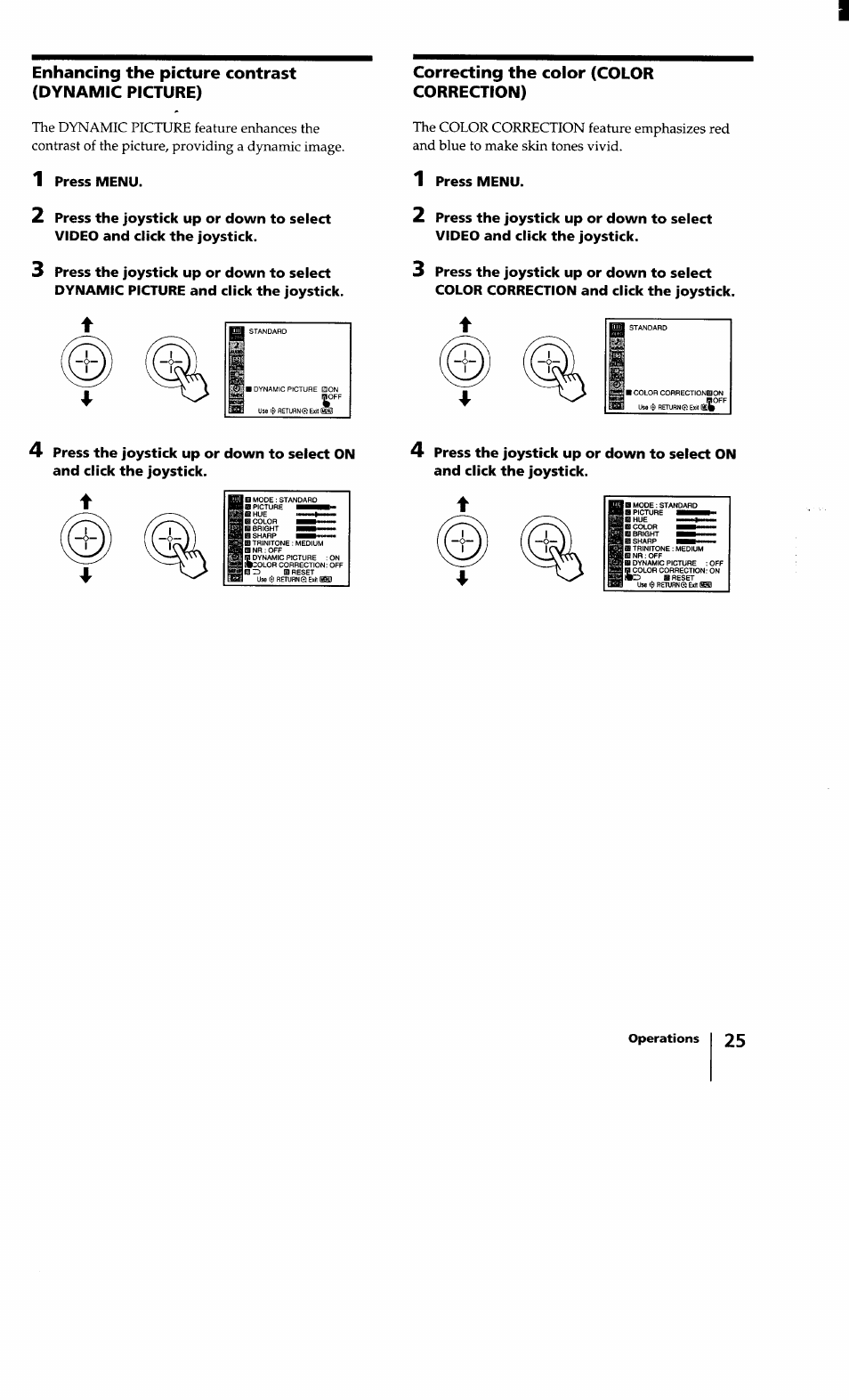 Enhancing the picture contrast (dynamic picture), Correcting the color (color correction), Press menu | Sony KV-32XBR100 User Manual | Page 25 / 47