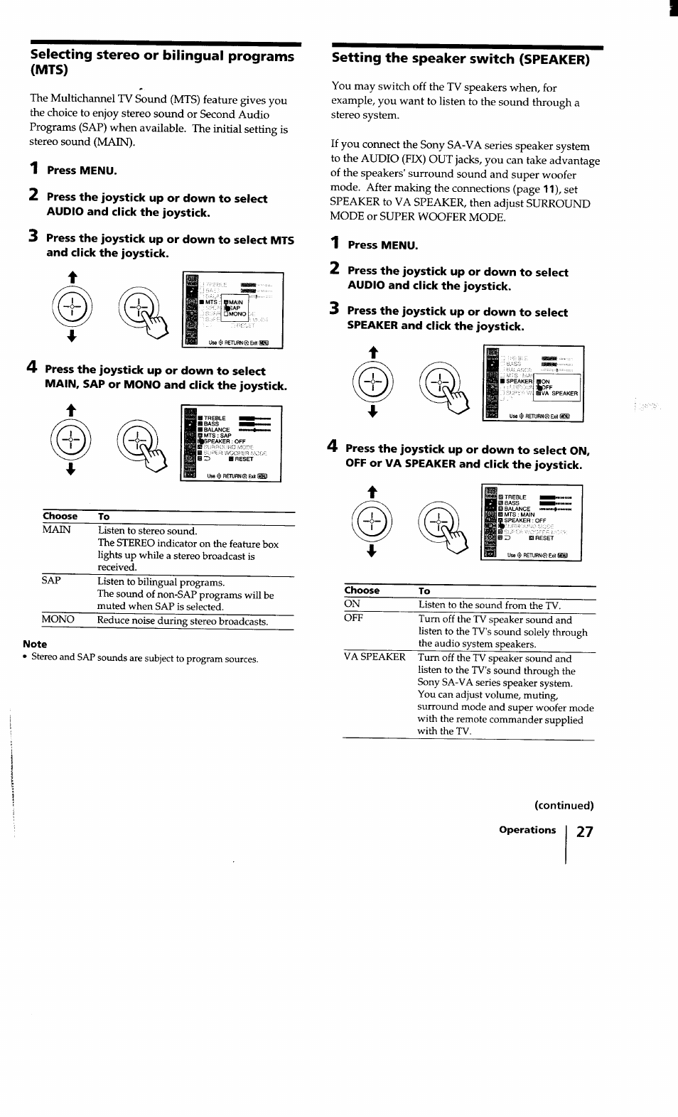 Selecting stereo or bilingual programs (mts), Setting the speaker switch (speaker) | Sony KV-32XBR100 User Manual | Page 27 / 47