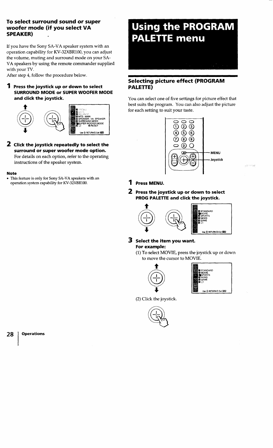 Note, Select the item you want, For example | Using the program palette menu, Selecting picture effect (program palette) | Sony KV-32XBR100 User Manual | Page 28 / 47
