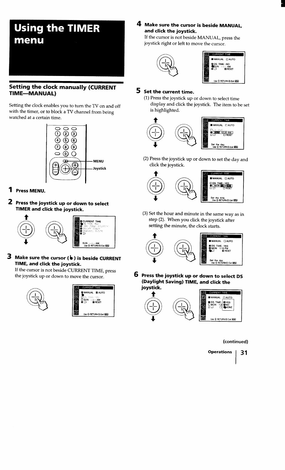 5 set the current time, Using the timer menu, Setting the clock manually (current time—manual) | Sony KV-32XBR100 User Manual | Page 31 / 47