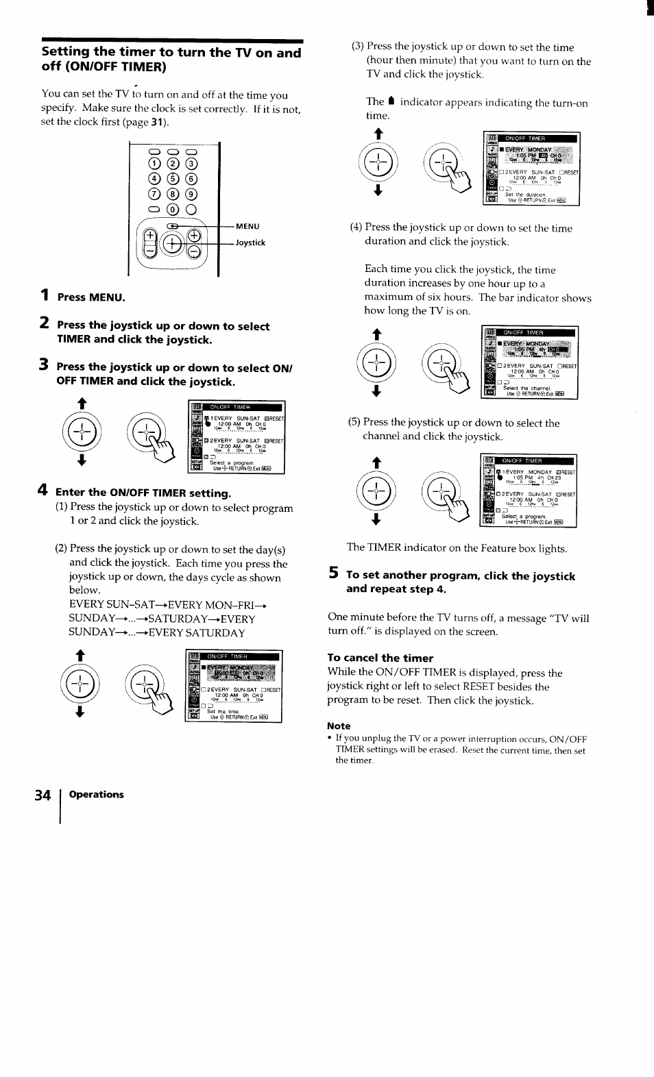 Enter the on/off timer setting, To cancel the timer | Sony KV-32XBR100 User Manual | Page 34 / 47