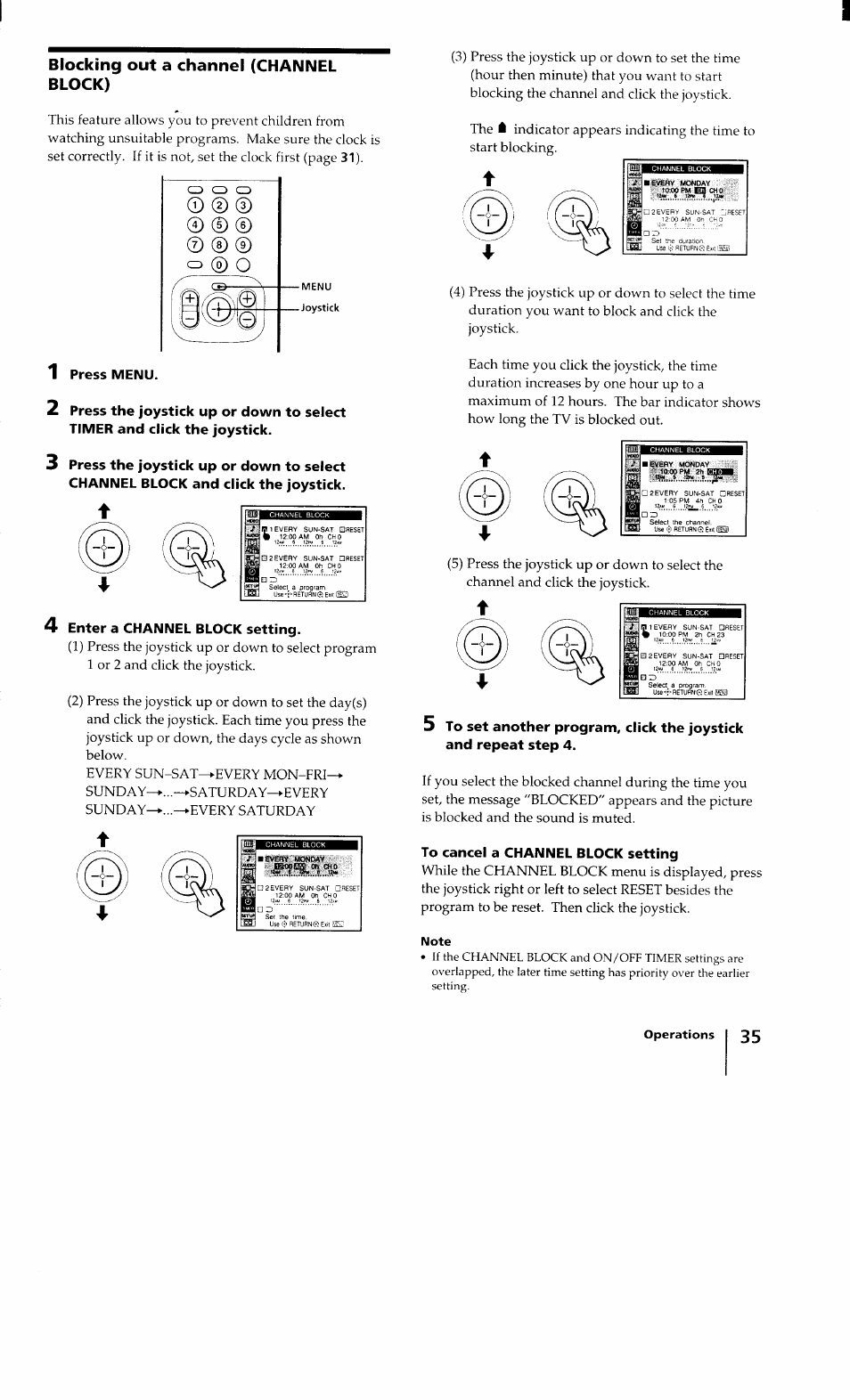 I press menu, Enter a channel block setting, To cancel a channel block setting | Blocking out a channel (channel block) | Sony KV-32XBR100 User Manual | Page 35 / 47
