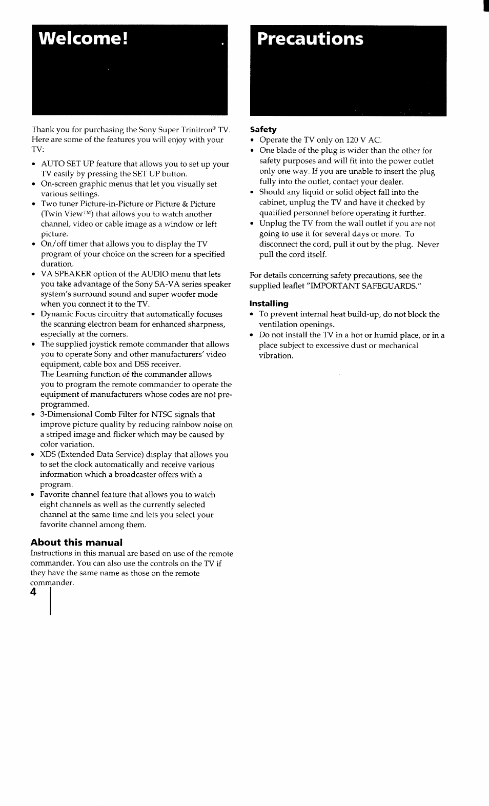 Precautions, Safety, Installing | Welcome! precautions | Sony KV-32XBR100 User Manual | Page 4 / 47