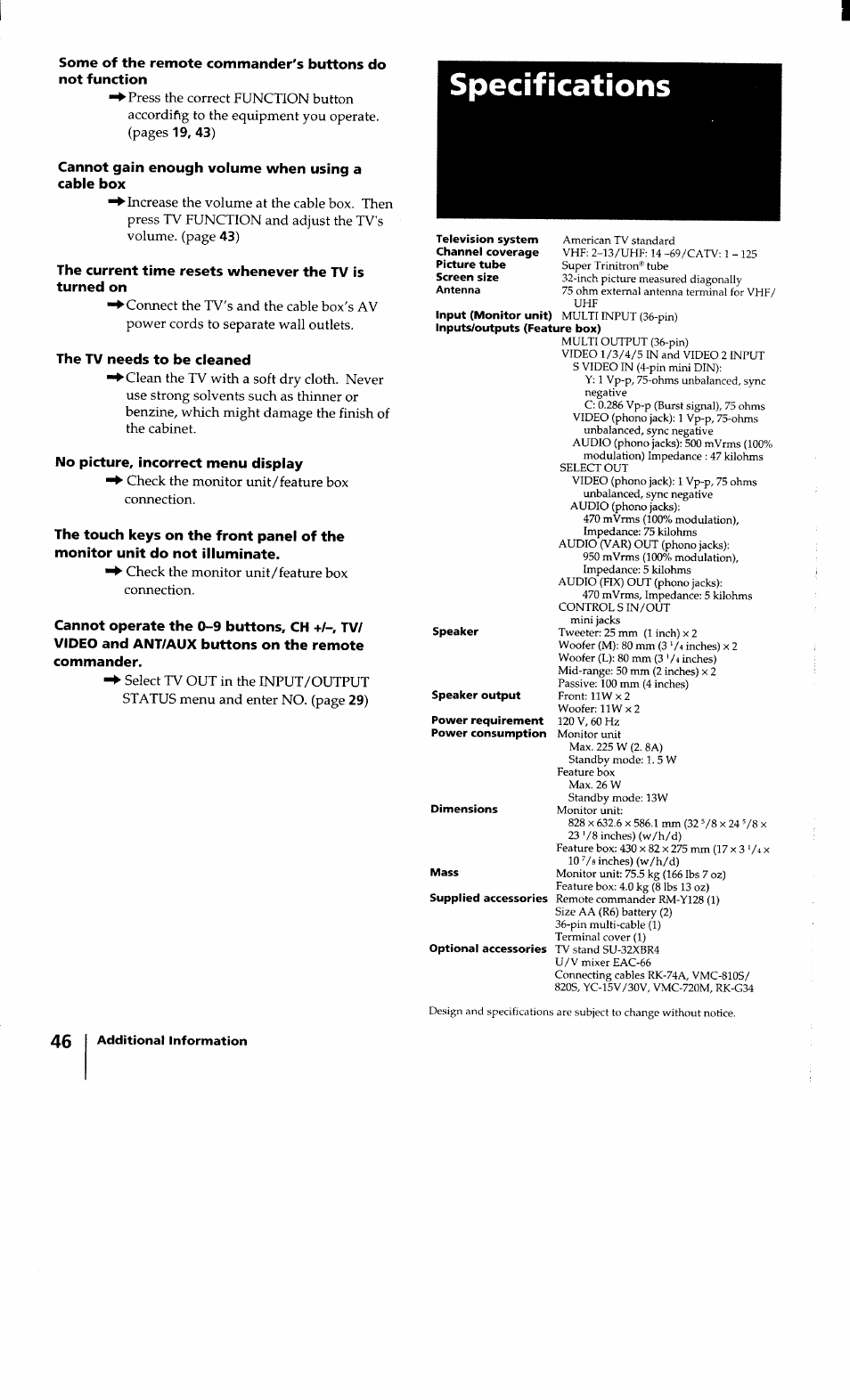 Specifications | Sony KV-32XBR100 User Manual | Page 46 / 47