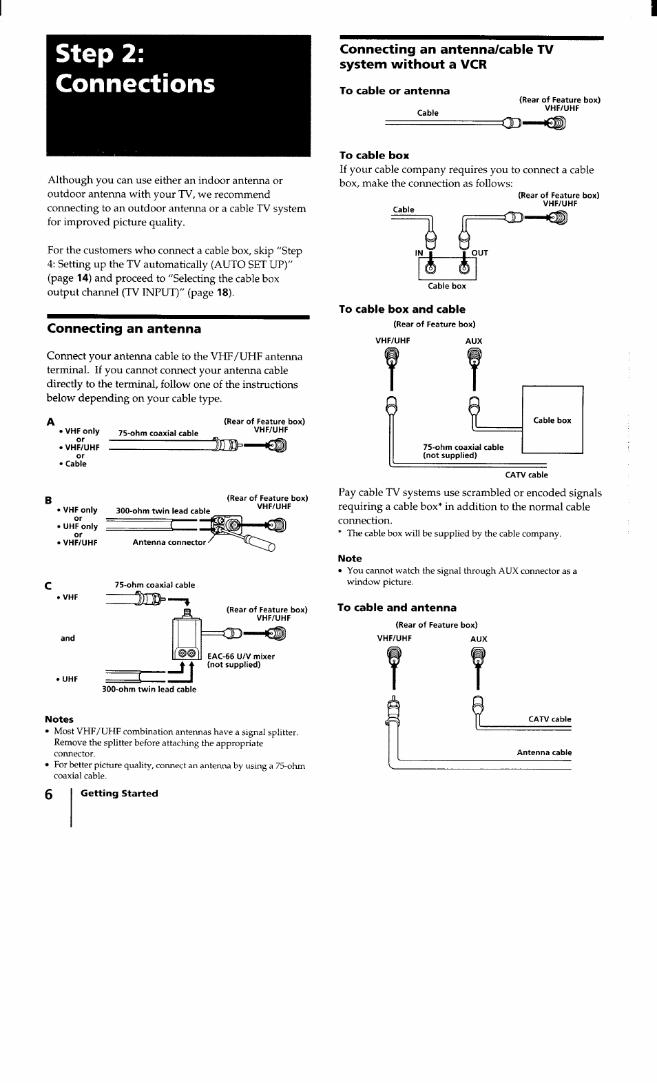 Step 2, Connections, To cable or antenna | To cable box, To cable box and cable, To cable and antenna, Connecting an antenna | Sony KV-32XBR100 User Manual | Page 6 / 47