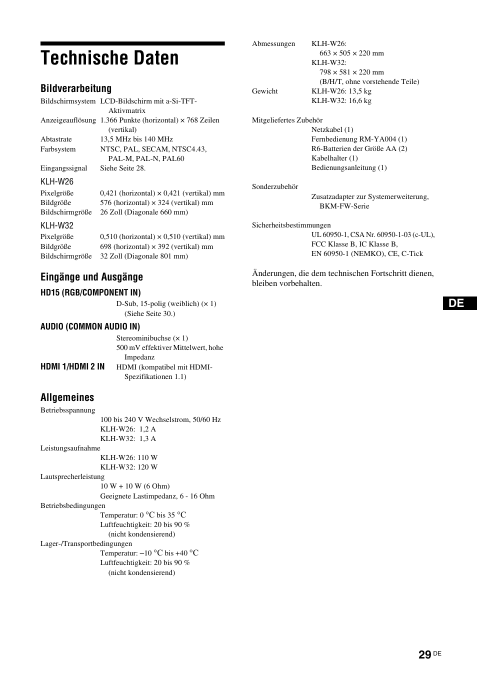 Technische daten, Bildverarbeitung, Eingänge und ausgänge | Allgemeines | Sony KLH-W26 User Manual | Page 121 / 215