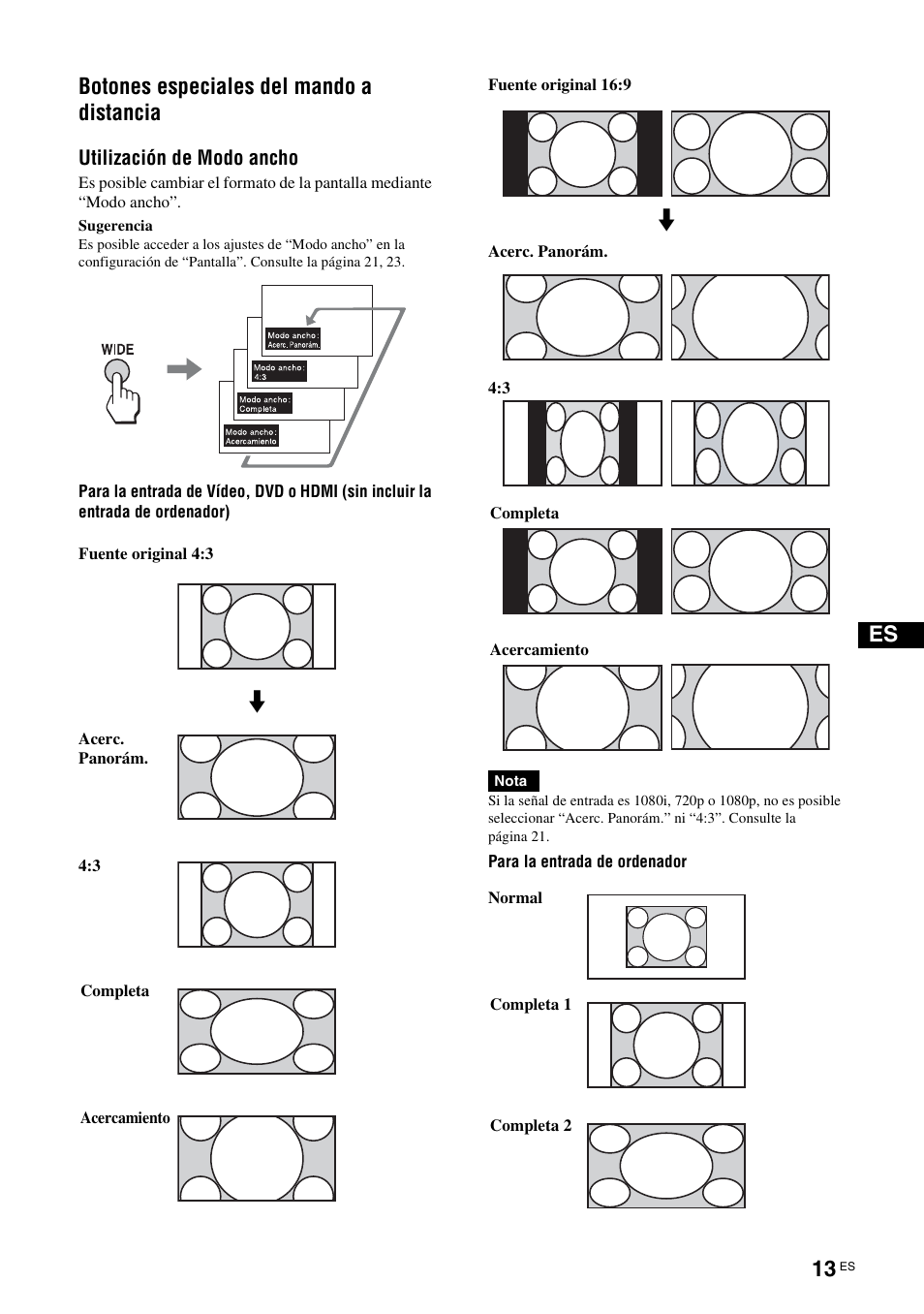 Botones especiales del mando a distancia, Utilización de modo ancho, Es botones especiales del mando a distancia | Sony KLH-W26 User Manual | Page 135 / 215