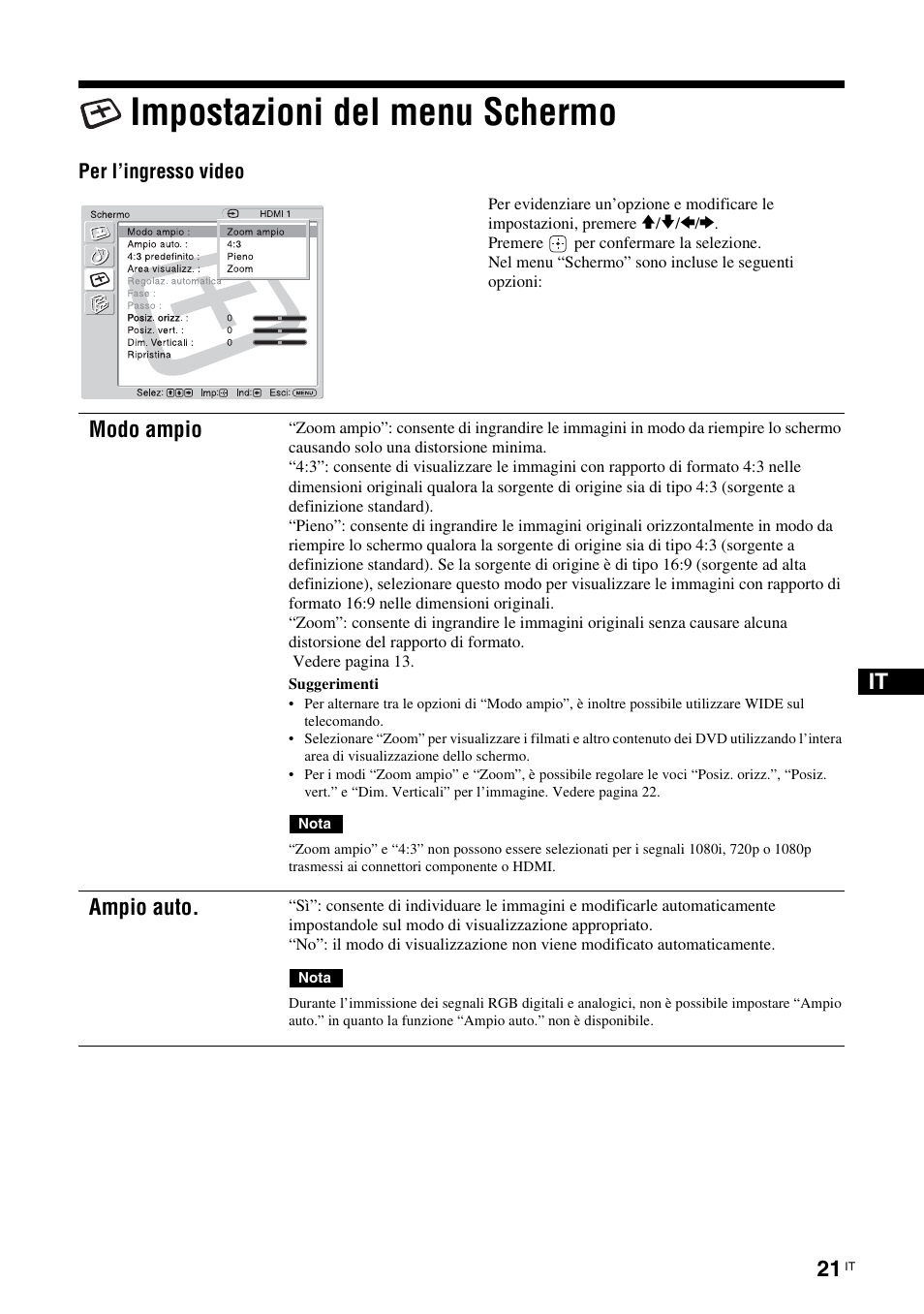 Impostazioni del menu schermo, Modo ampio, Ampio auto | Per l’ingresso video | Sony KLH-W26 User Manual | Page 173 / 215