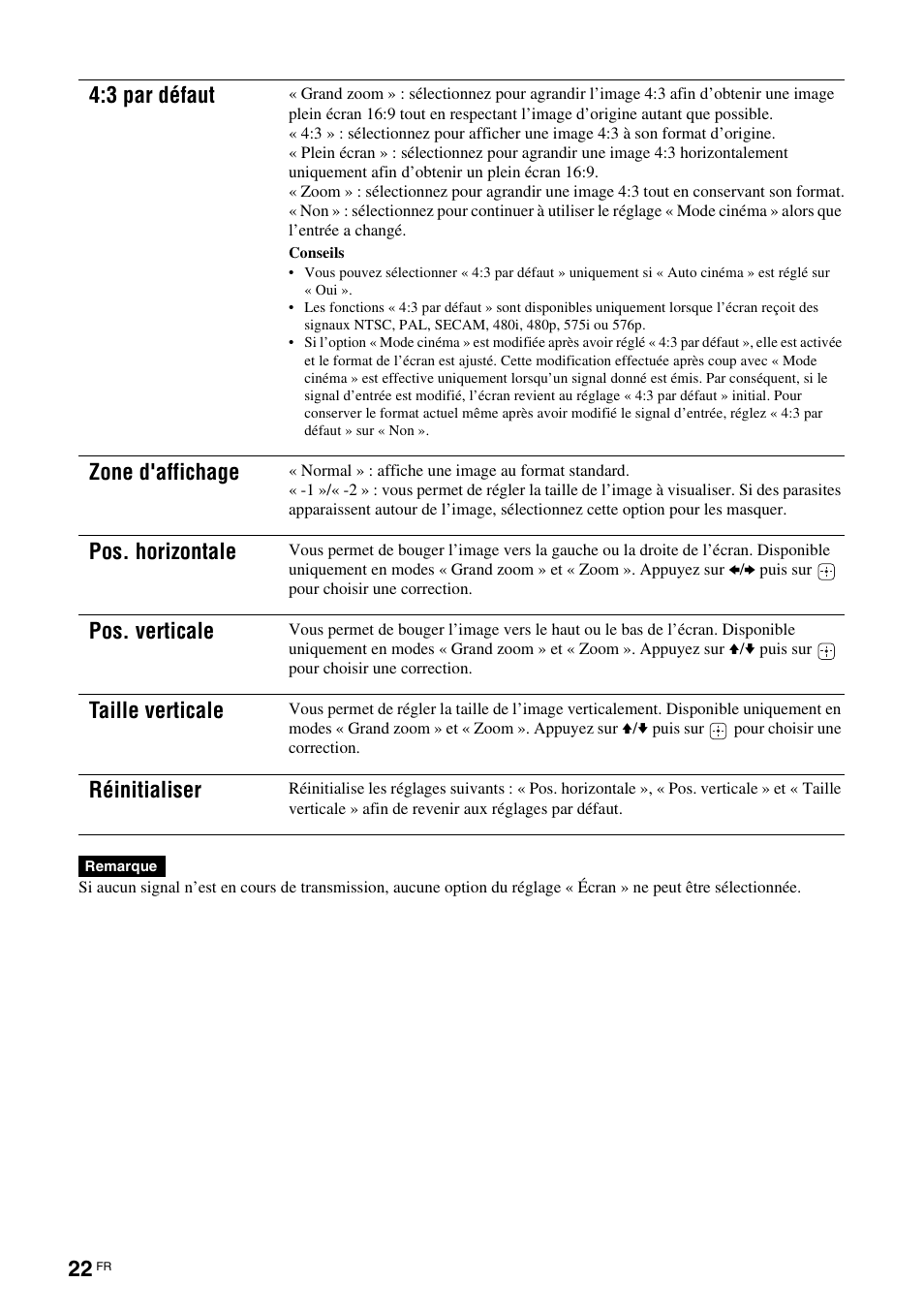 3 par défaut, Zone d'affichage, Pos. horizontale | Pos. verticale, Taille verticale, Réinitialiser | Sony KLH-W26 User Manual | Page 84 / 215