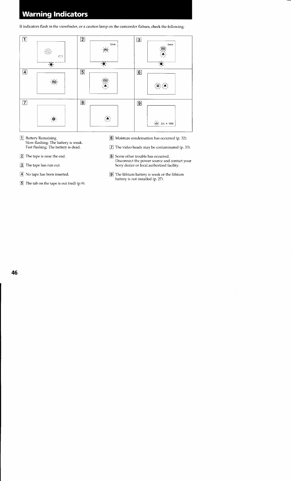 Warning indicators | Sony CCD-TR23 User Manual | Page 46 / 48