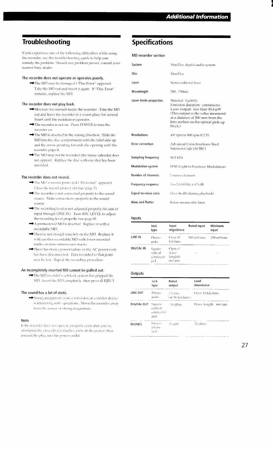 Troubleshooting, The recorder does not operate or operates poorly, The recorder does not play back | The recorder does not record, An incompletely inserted md cannot be pulled out, The sound has a lot of static, Note, Specifications, Additional information | Sony MDS-302 User Manual | Page 27 / 30