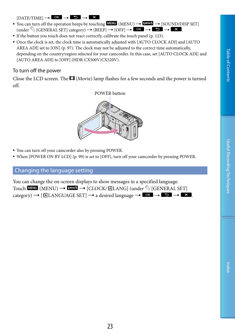 Changing the language setting | Sony HDR-CX500V User Manual | Page 23 / 130