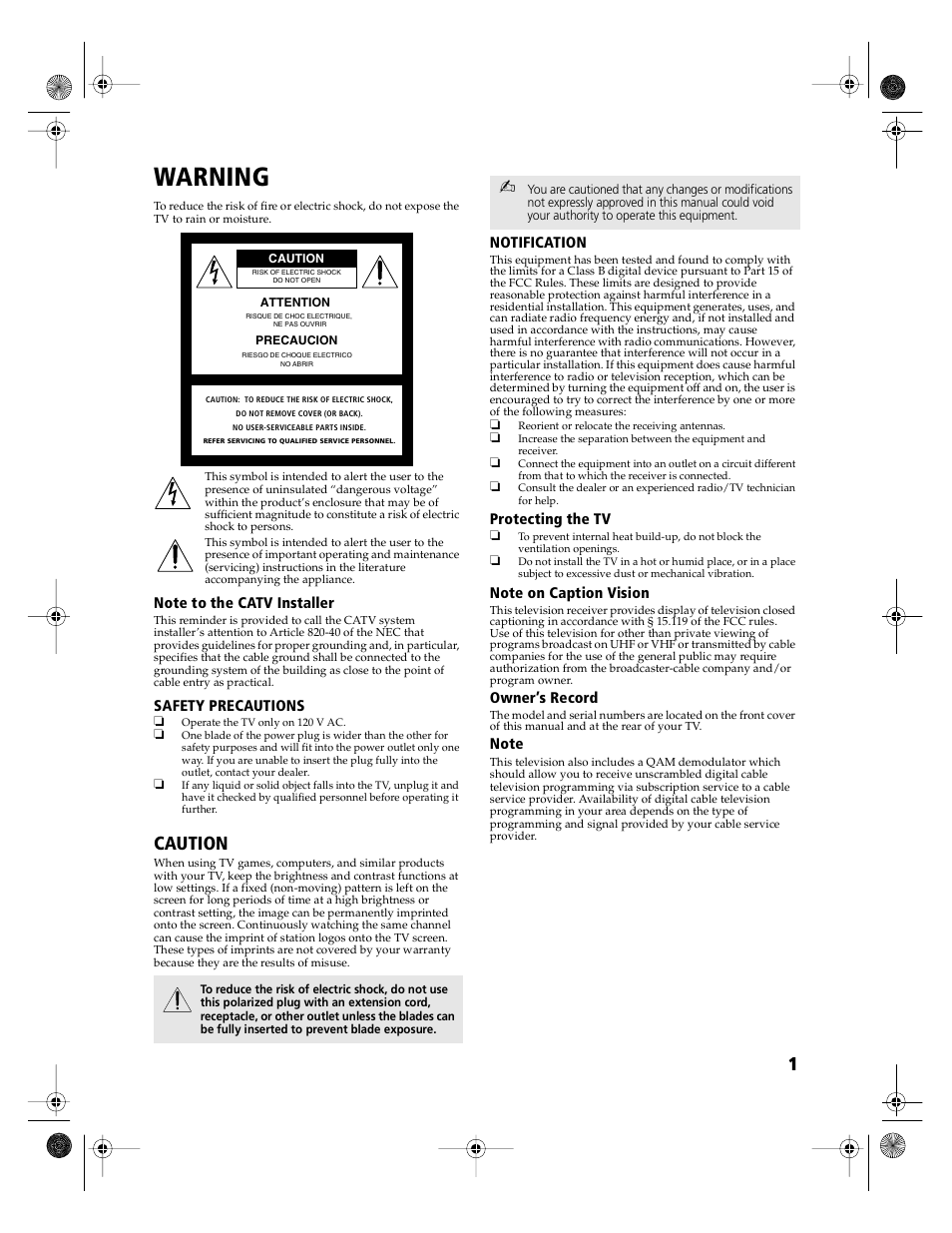 Warning, Caution, Safety precautions | Notification, Protecting the tv, Owner’s record | Sony KD-36FS130 User Manual | Page 3 / 70