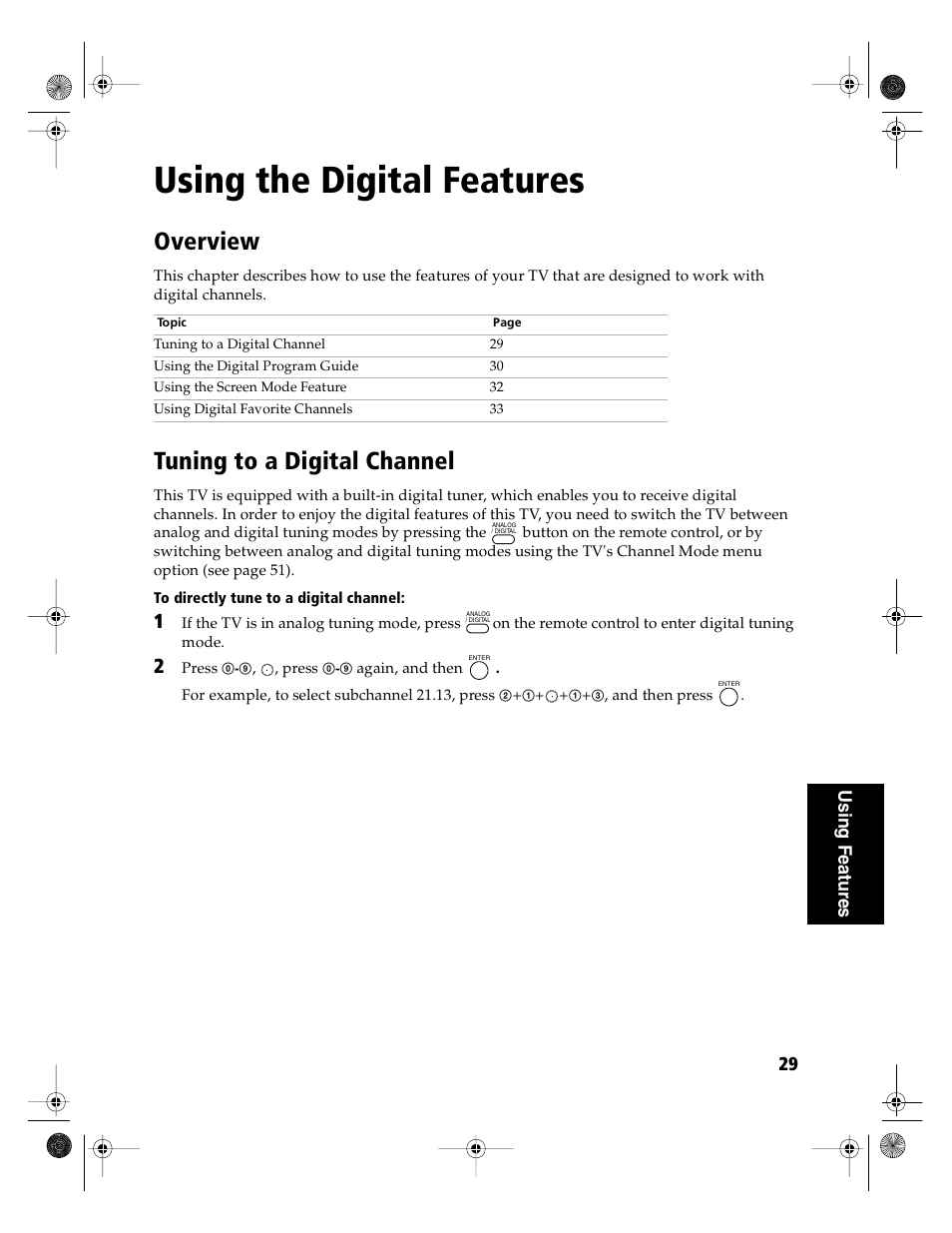 Using the digital features, Overview, Tuning to a digital channel | 29 u s ing fe a tur e s | Sony KD-36FS130 User Manual | Page 31 / 70