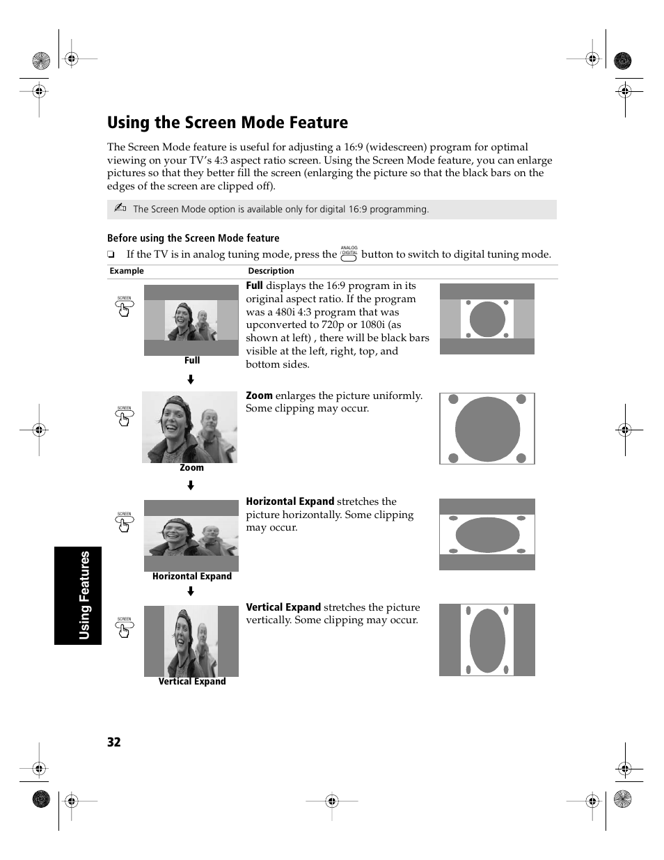 Using the screen mode feature, 32 u s ing fe a tur e s | Sony KD-36FS130 User Manual | Page 34 / 70