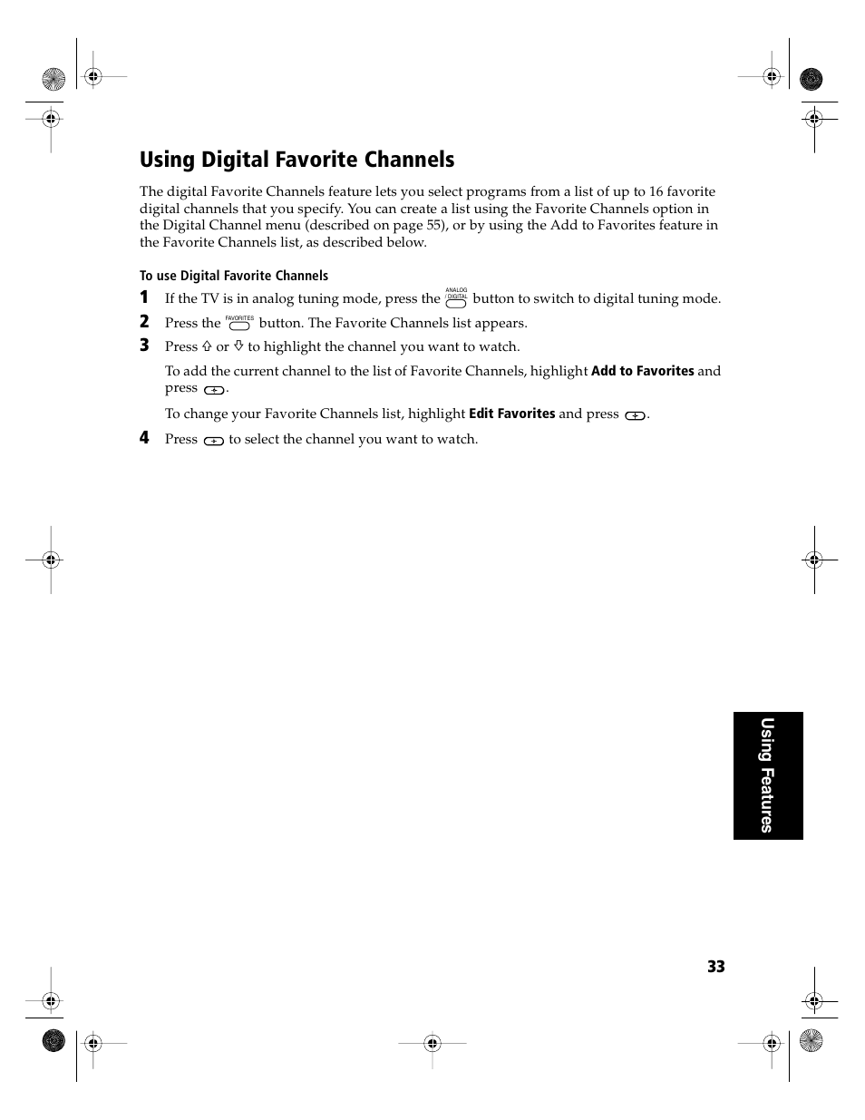 Using digital favorite channels | Sony KD-36FS130 User Manual | Page 35 / 70