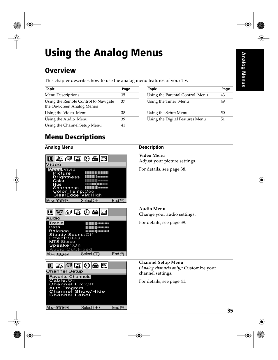 Using the analog menus, Overview, Menu descriptions | Sony KD-36FS130 User Manual | Page 37 / 70