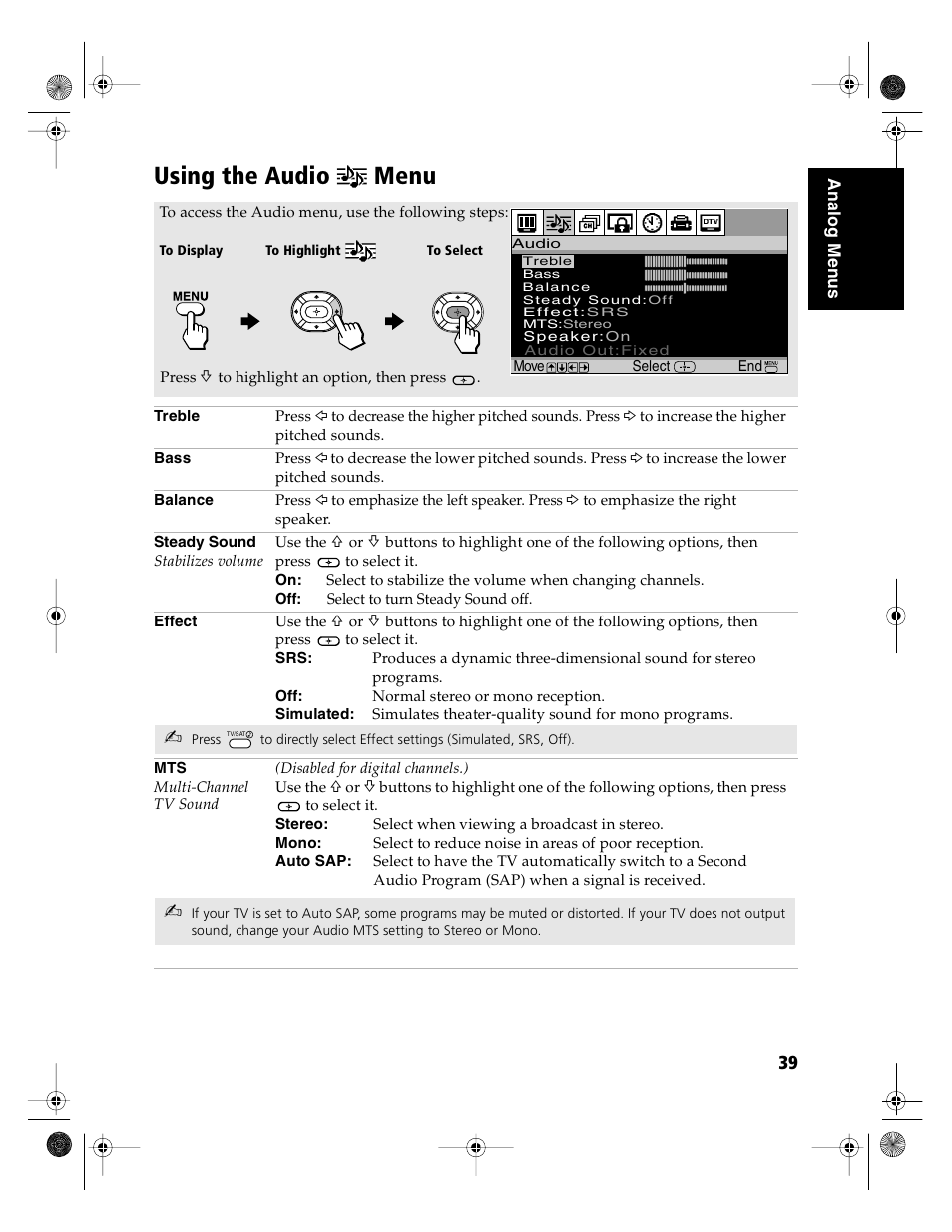 Using the audio menu | Sony KD-36FS130 User Manual | Page 41 / 70