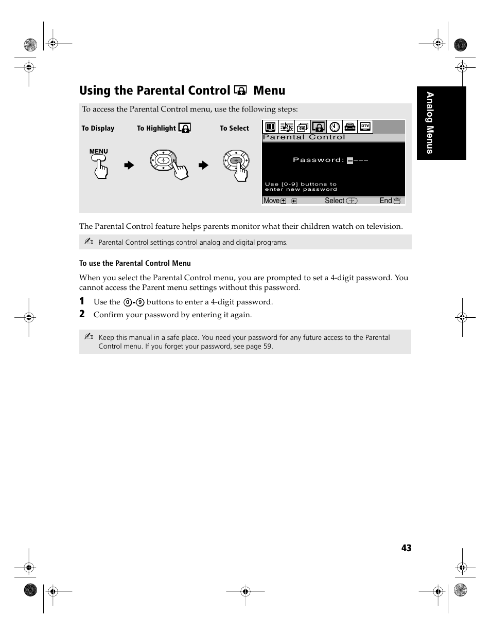 Using the parental control menu | Sony KD-36FS130 User Manual | Page 45 / 70