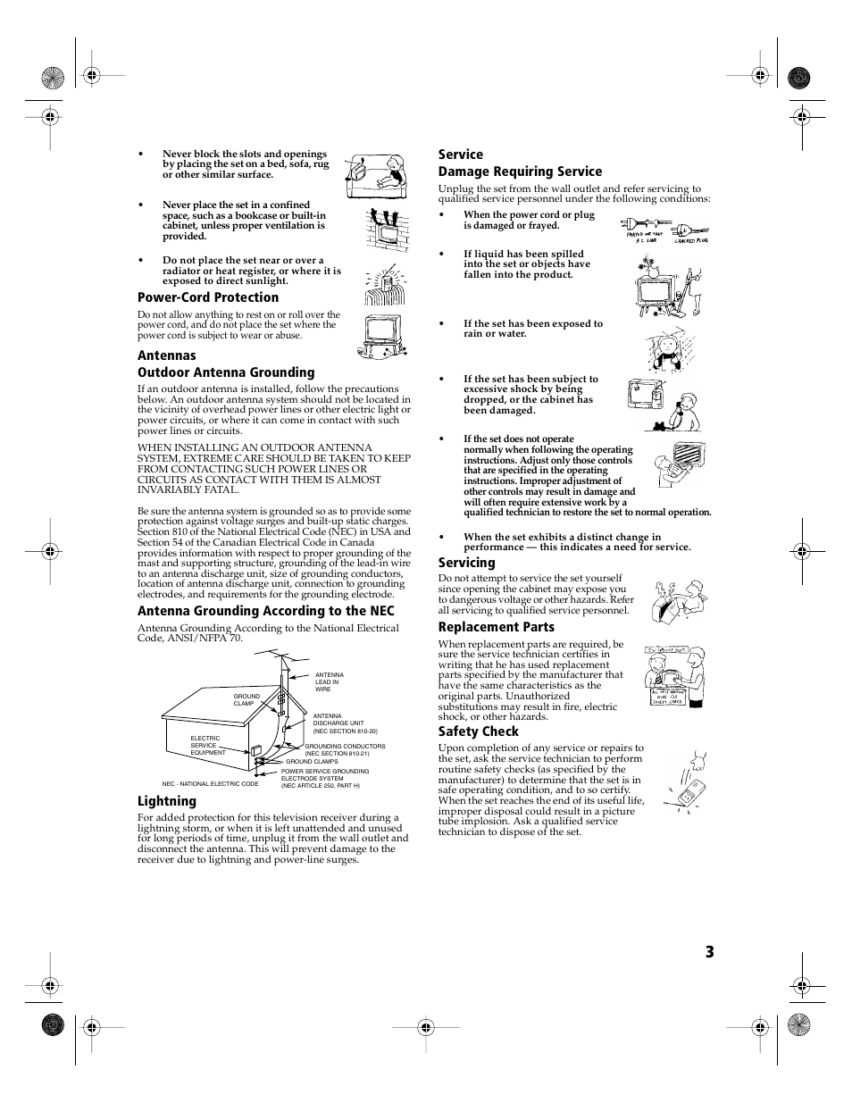 Power-cord protection, Antennas outdoor antenna grounding, Antenna grounding according to the nec | Lightning, Service damage requiring service, Servicing, Replacement parts, Safety check | Sony KD-36FS130 User Manual | Page 5 / 70