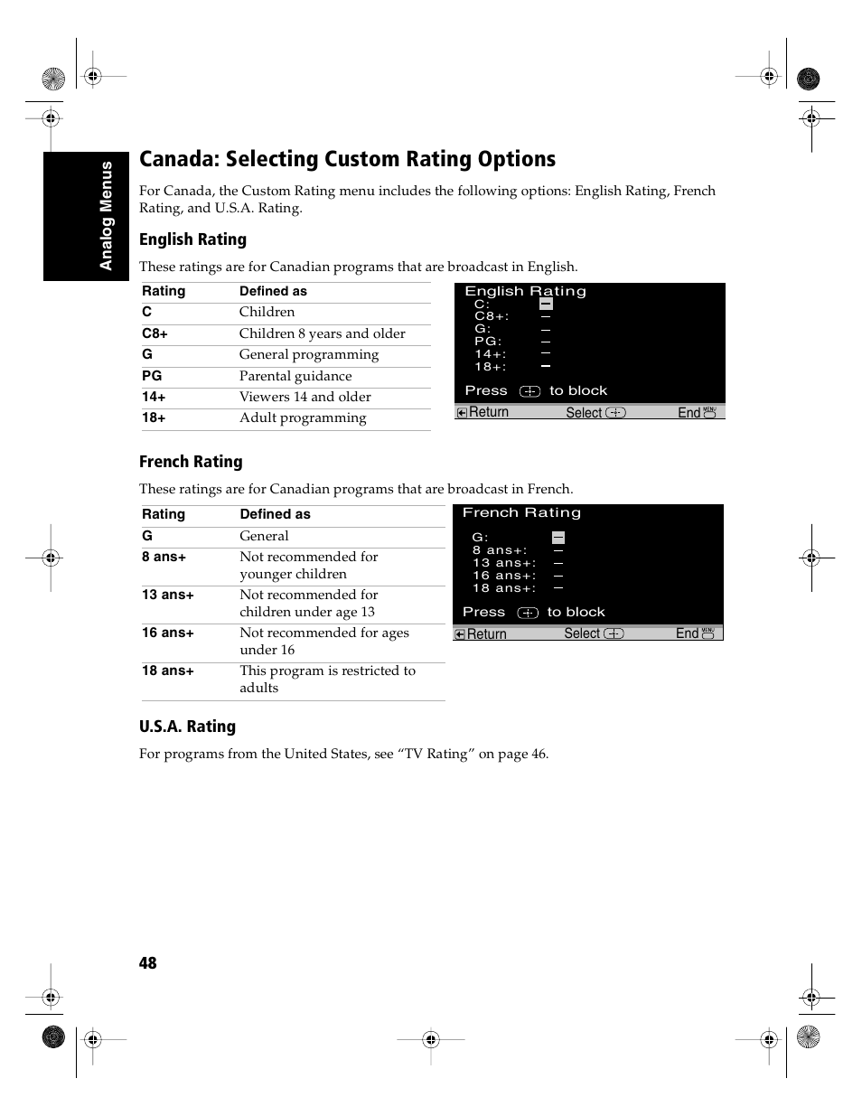 Canada: selecting custom rating options | Sony KD-36FS130 User Manual | Page 50 / 70
