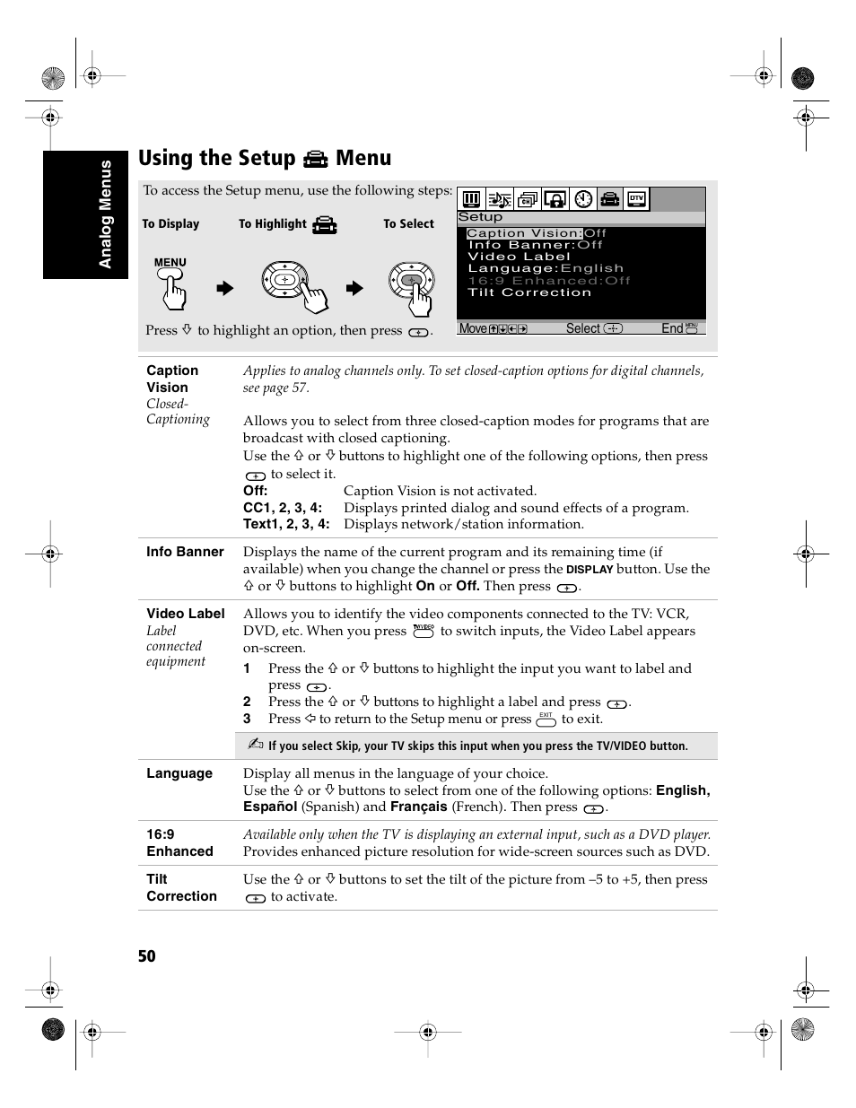 Using the setup menu | Sony KD-36FS130 User Manual | Page 52 / 70