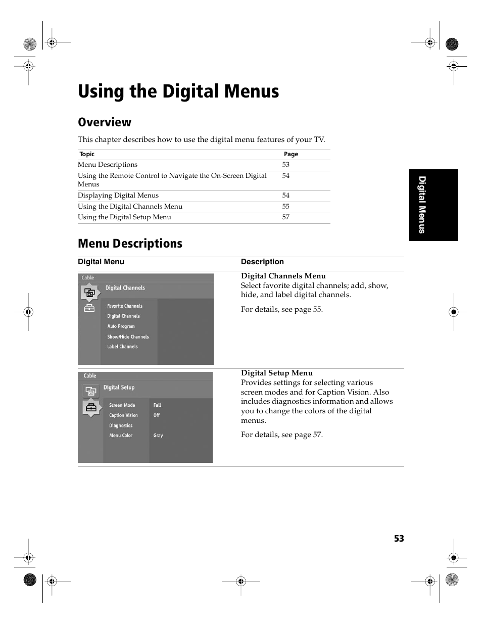 Using the digital menus, Overview, Menu descriptions | Sony KD-36FS130 User Manual | Page 55 / 70