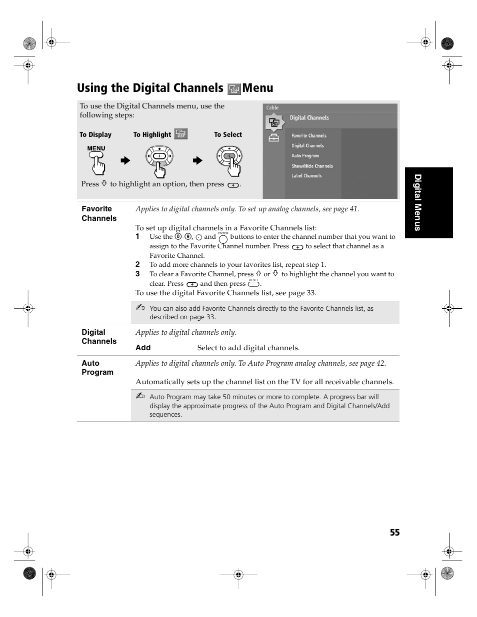 Using the digital channels menu | Sony KD-36FS130 User Manual | Page 57 / 70
