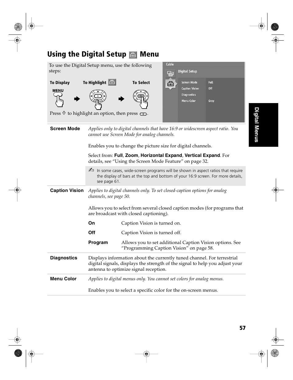 Using the digital setup menu | Sony KD-36FS130 User Manual | Page 59 / 70