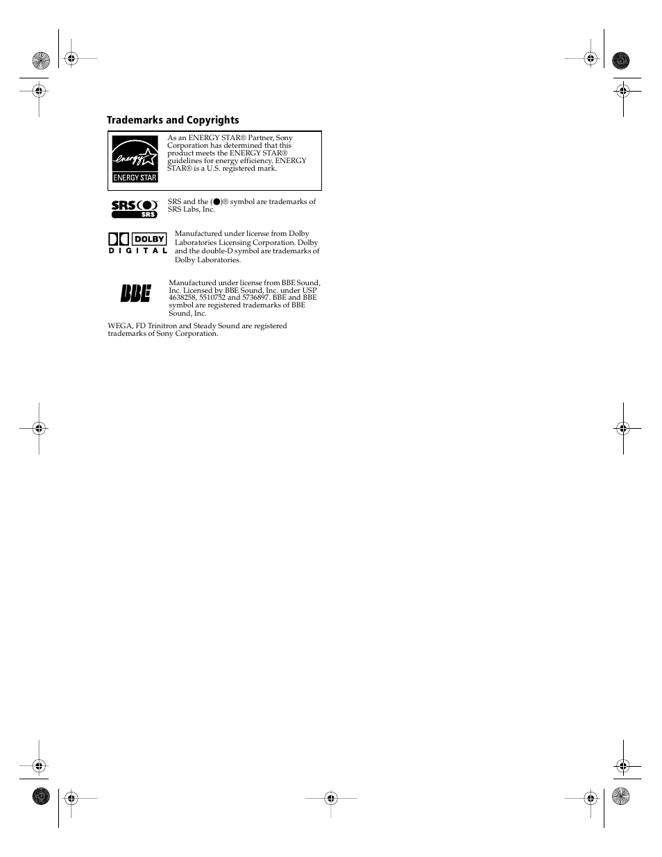 Trademarks and copyrights | Sony KD-36FS130 User Manual | Page 6 / 70